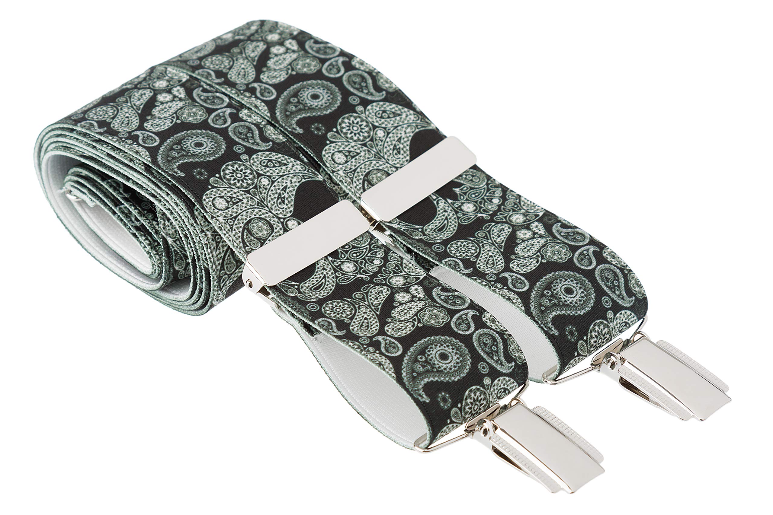 Gs Braces Men's Black Paisley Skull Suit Trouser Braces Trousers Suspenders 35Mm Wide Strong Clips, Xxl (52 Inches Long),