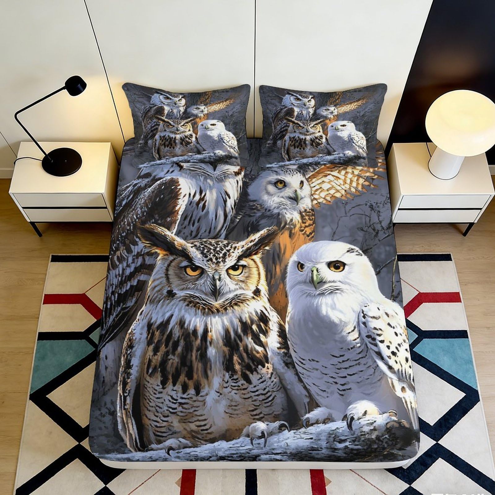 3D Printed Owl Forest Fitted Sheet Microfiber Soft Bedroom Decor Winter Bird Mattress Cover for Home Dorm 90x200x25cm