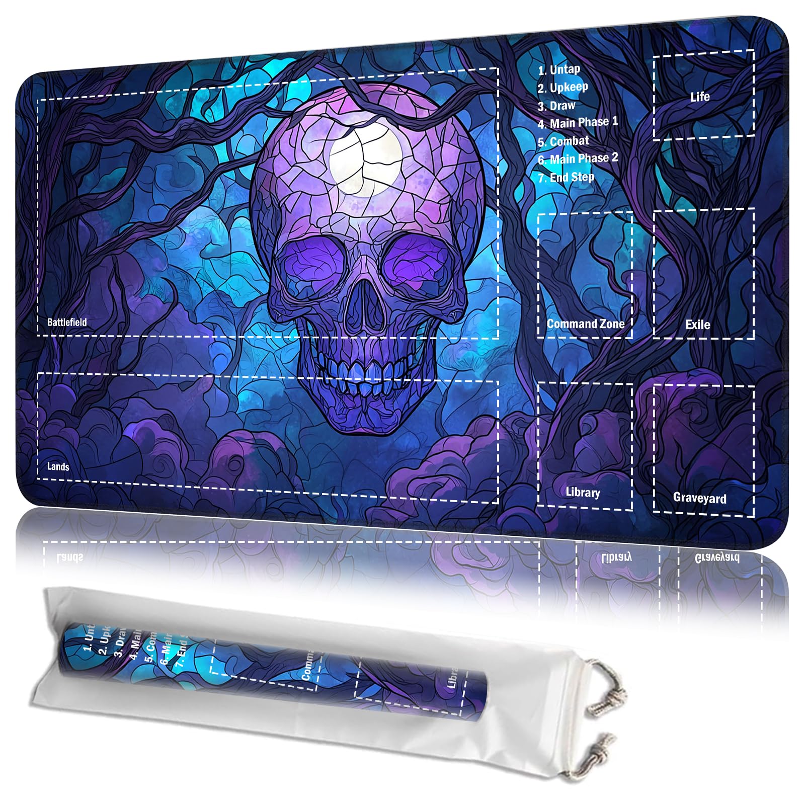 JANENFNA Playmat 24" x 14" with Magic Zones for MTG Card Game Playing, Board Game Mat for Card Breaking Commander Deck Gaming Card Game Battles Mat with Storage Bags, Purple Swamp Skull — image 1