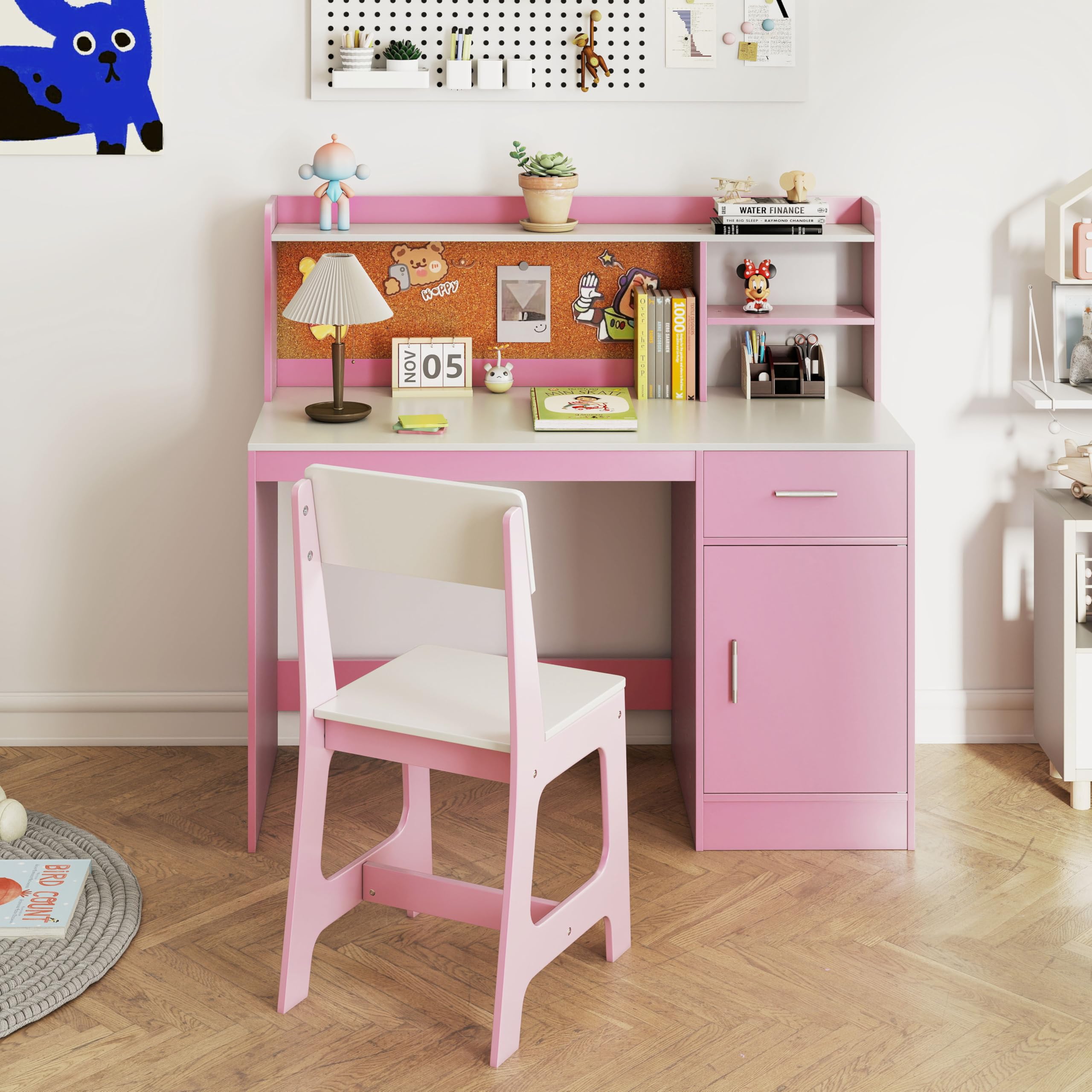 RELAX4LIFE Set Scrivania e Sedia per Bambini, Tavolo da Scrittura in Legno con Sedia, Ripiano, Bacheca, Cassetto, Armadio per Lettura, Disegno, Set di Tavoli da Studio per Bambini (Bianco+Rosa)