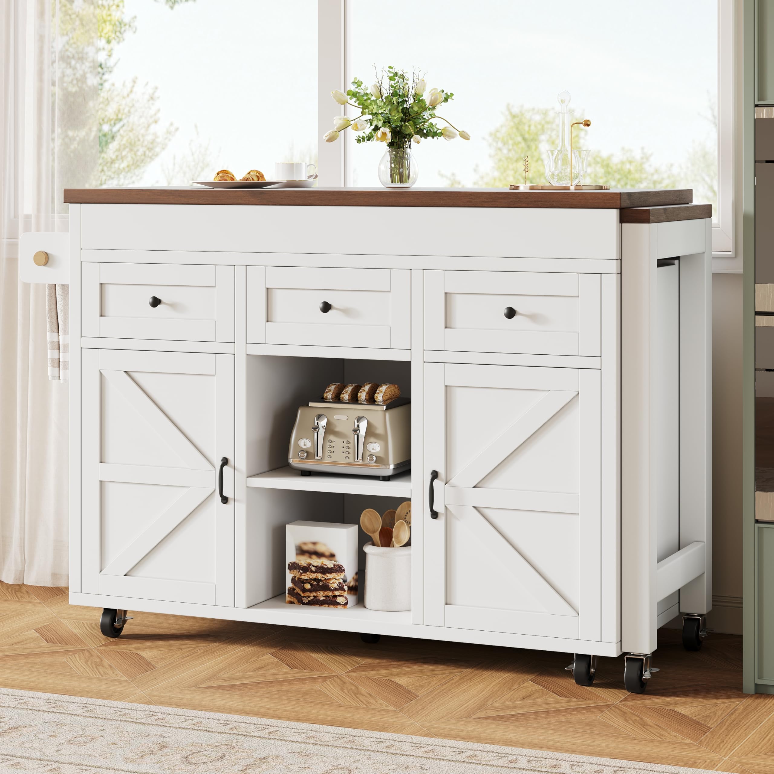 Îlot de Cuisine avec Rangement et Plan de Travail Extensible (131.5-210 cm) - Îlot Central Cuisine Table Bar/Îlot Central Mobile avec Tiroirs et Placards pour Petite Cuisine