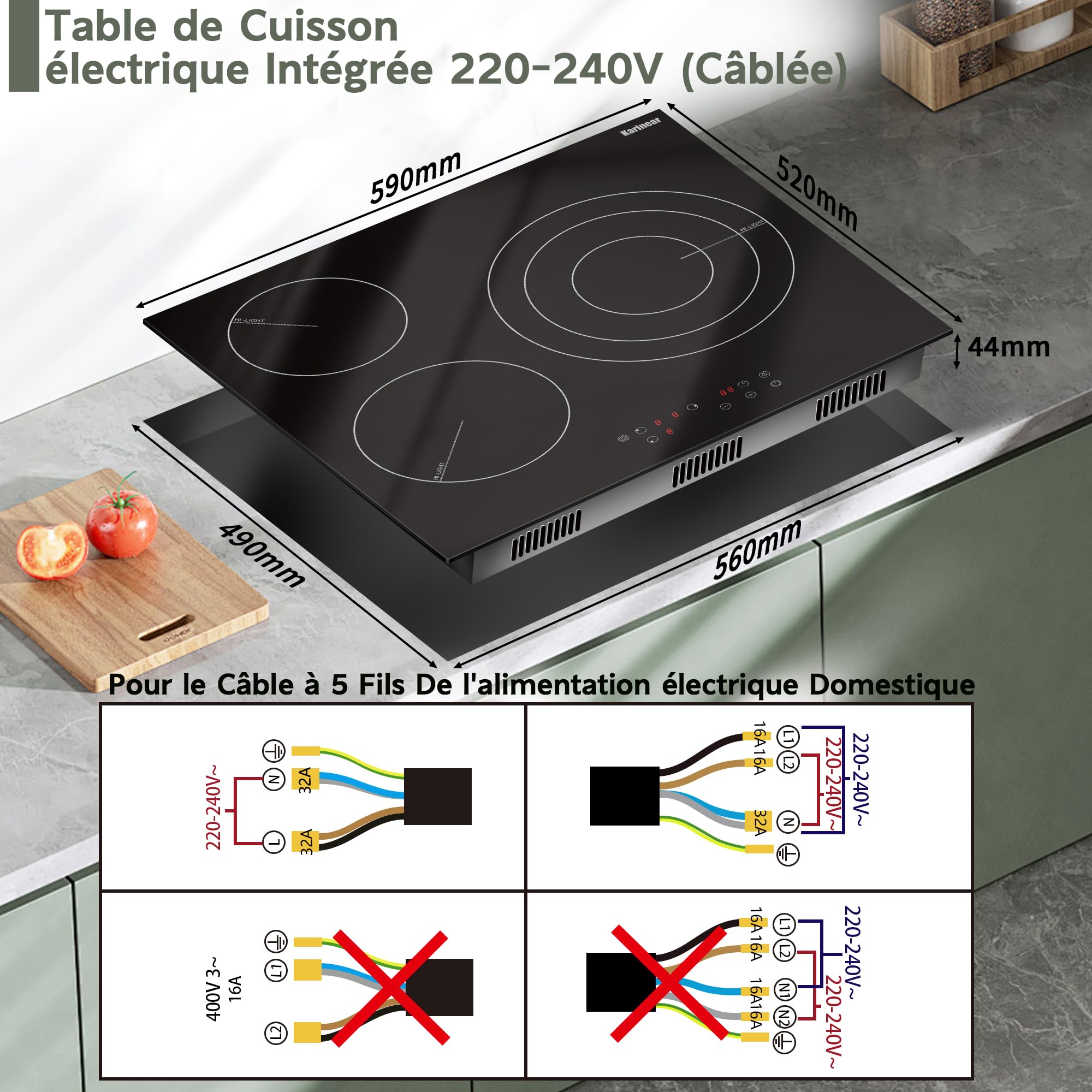 Karinear Plaque de cuisson Vitrocéramique 3 Feux | Table de Cuisson Électrique 59CM, Grand Disque, Commande Tactile, Minuterie, Verrouillage de Sécurité, 5700W, 220V