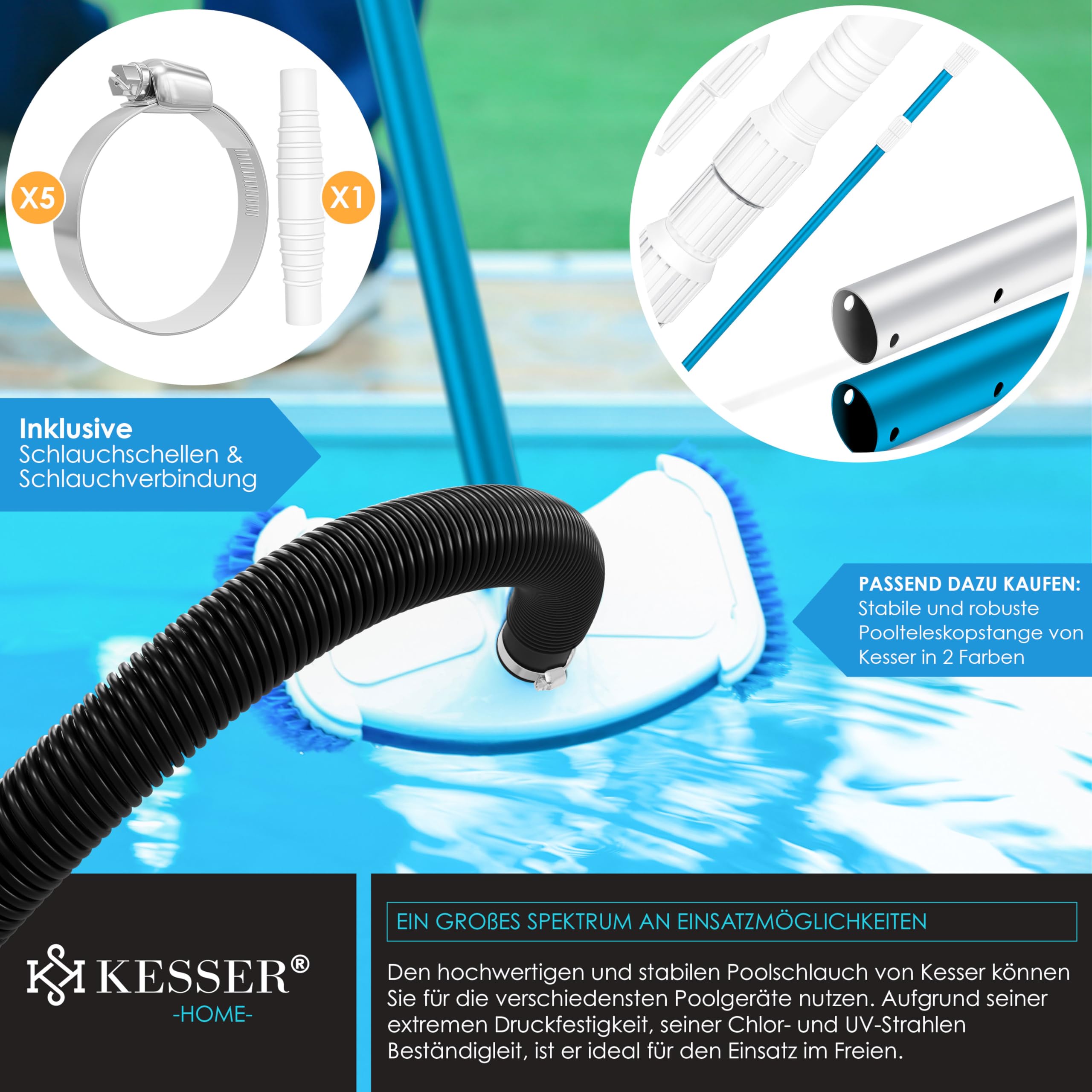 KESSER® Tuyau de bassin | Tuyau de piscine avec manchons | Tuyau solaire pour piscine et bassin | Tuyau d'aspiration | Tuyau de pompe | Tuyau d'eau flexible 8m / Ø 38mm, noir