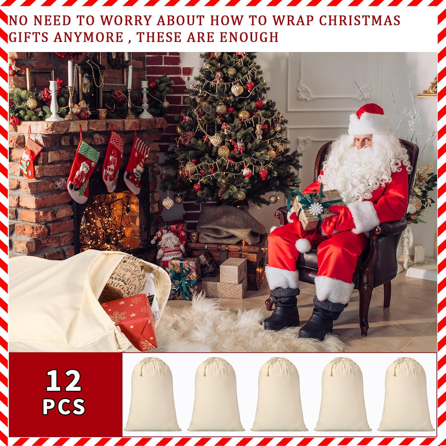 Abbylike 12 Pcs Santa Sublimation Blank Christmas Sacks with Drawstring Large Christmas Natural Cotton Heavy Duty Sack Laundry Bags for Xmas Gift Giving Sublimation Drawstring Bags 18.9 x 26.8 Inch - Image 7