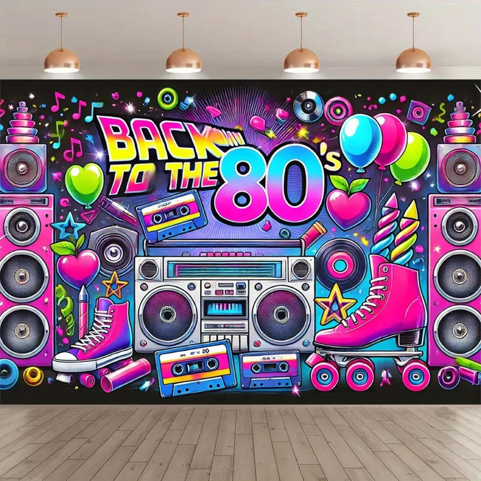 1 x baner na imprezę w stylu retro z lat 80-tych - neonowy wzmacniacz taśmowy i projekt tekstowy "Powrót do lat 80-tych"