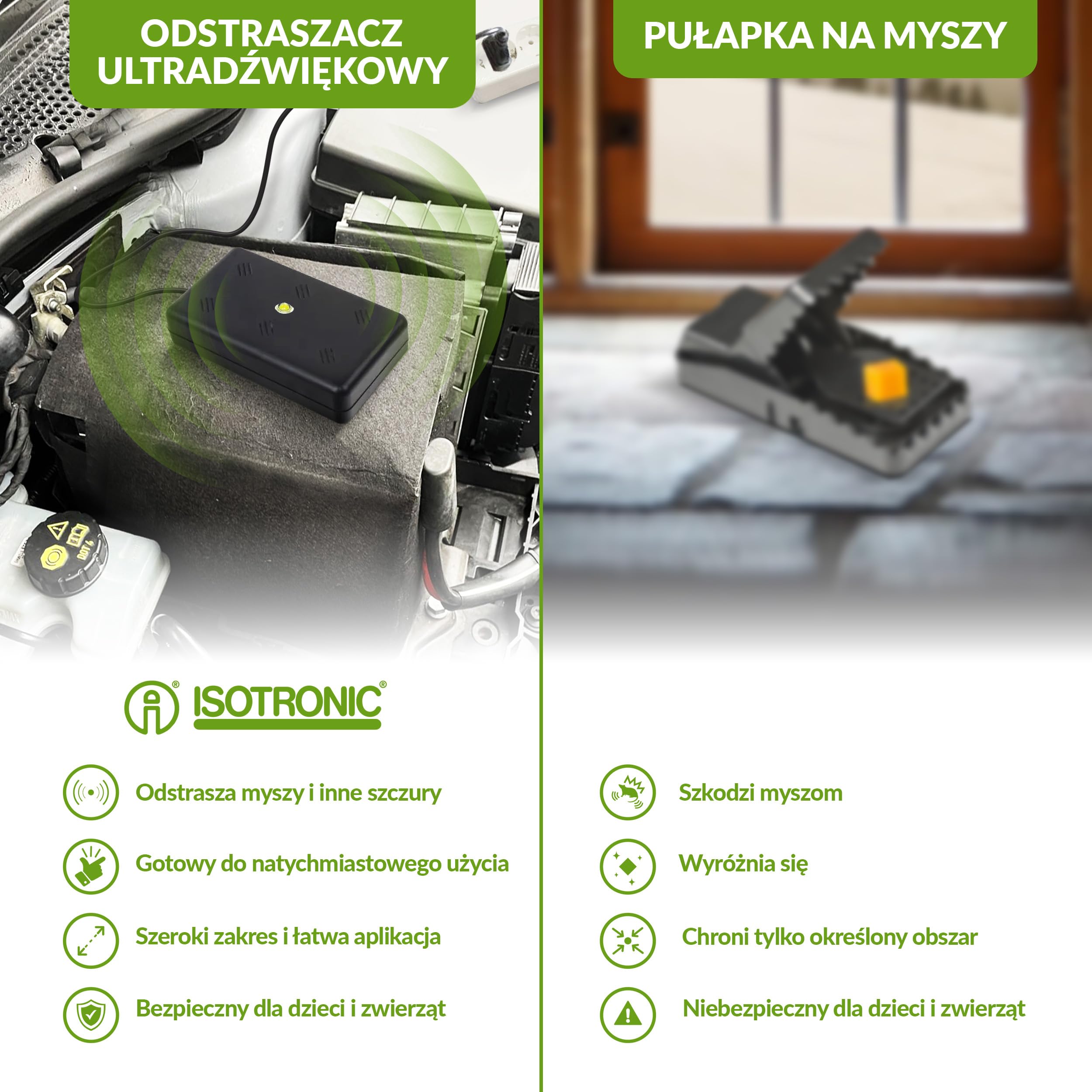 ISOTRONIC Odstraszacz kun, myszy i szczurów – Ultradźwięki i światło LED – Do domu, garażu i na strych – Skuteczna ochrona przed gryzoniami – Zasięg 50 m² (3 sztuka)