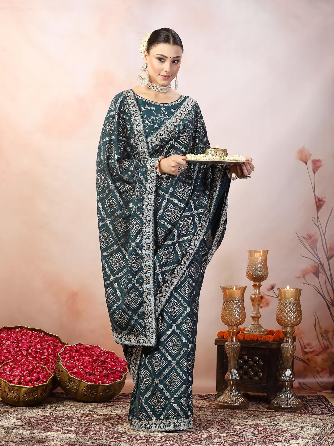 Stylum Women's Ethnic Bhandej Foil Printed Silk Saree (Srtealtripti_Teal)