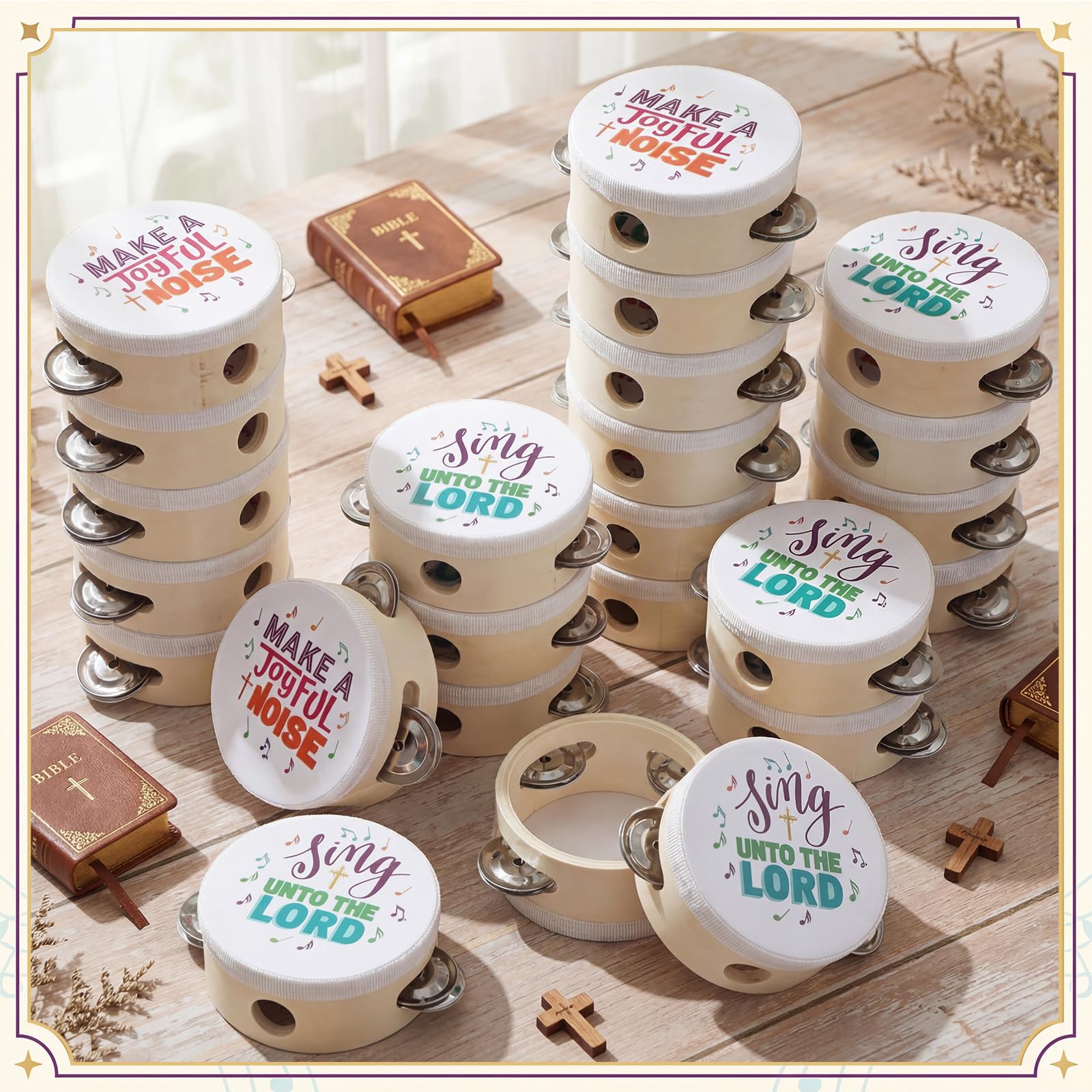 24 Stück 10,2 cm große natürliche Holz-Tamburine, Mini-Pandereta mit christlichen Themen-Drucken, Hand-Percussion-Musikinstrumente für Erwachsene, Kirche, Anbetung, Sonntag, Partygeschenke