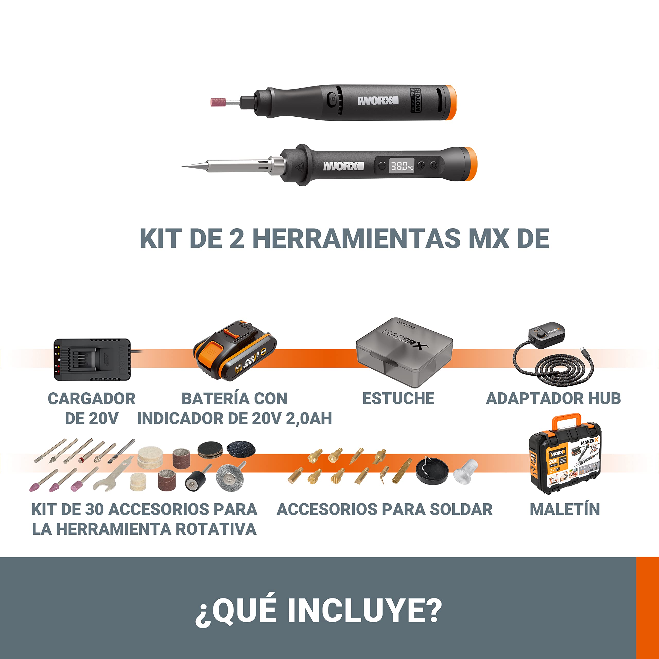 WORX Kit MakerX Herramienta rotativa + soldador 20V | PowerShare | WX988-1 batería de 2Ah con indicador, 1 cargador