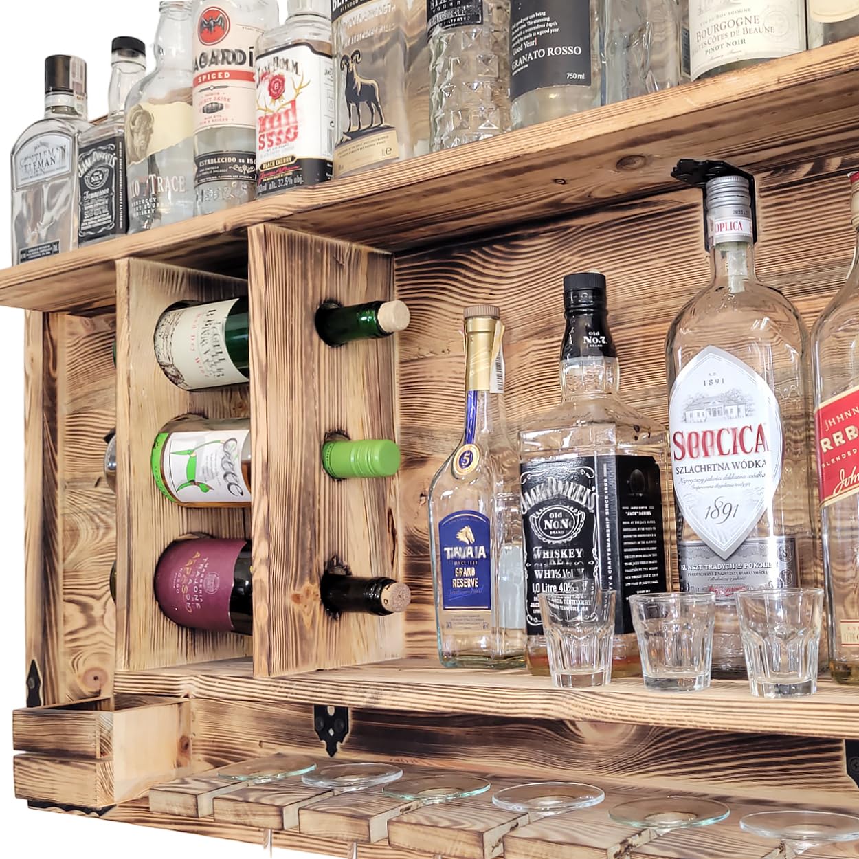 weeco Holzregal Hausbar zum Hängen - Handgemacht Rustikale Stil Wand Bar Flaschenregal Holz - Weinbar Regal Geschenk für männer - Hölzernes 3D-Bild Schnapsbar