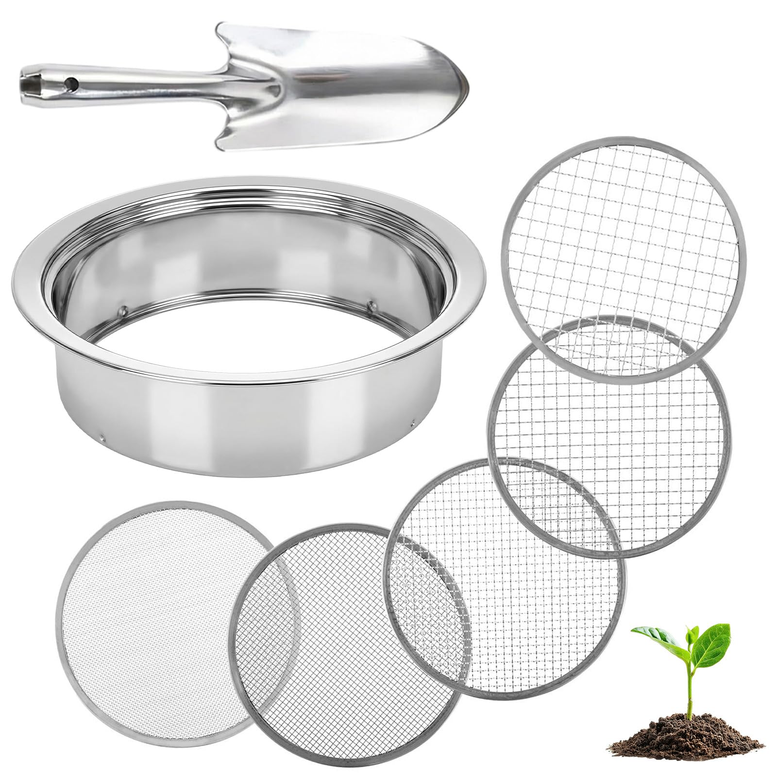 5 en 1 Tamis Jardinage Tamis Sable en Acier Inoxydable Ø 1, 3, 6, 9, 12 mm Tamis de Terre avec 1 Pelle à Main pour Terre, Pierres, Compost, Mauvaises Herbes, Sable, Gravier, Graines