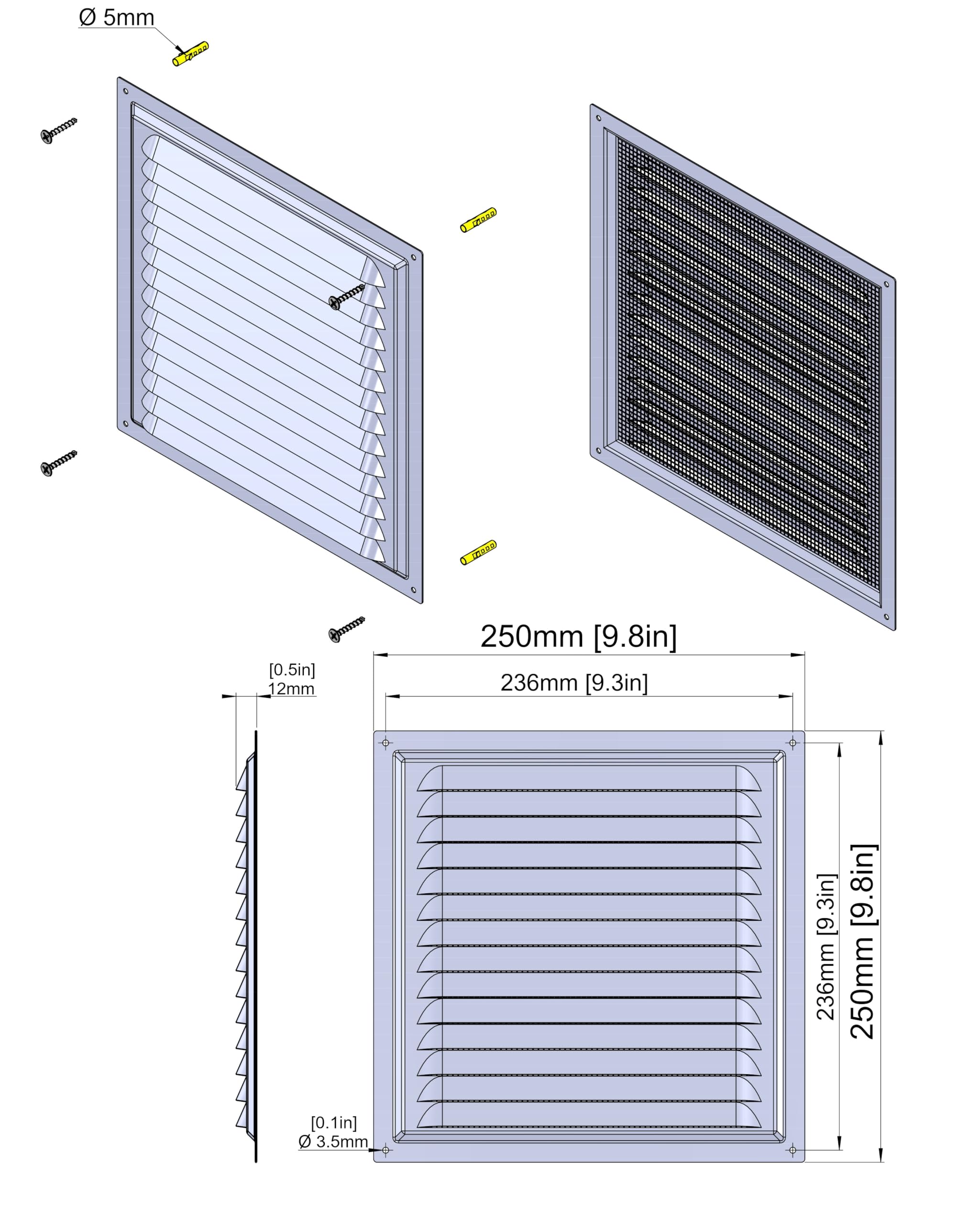 Griglia di Ventilazione in Acciaio Zincato – Copertura con Rete Protettiva – Antiruggine per Parete o Soffitto – Griglia Quadrata 250 x 250 mm – Uso Interno ed Esterno.