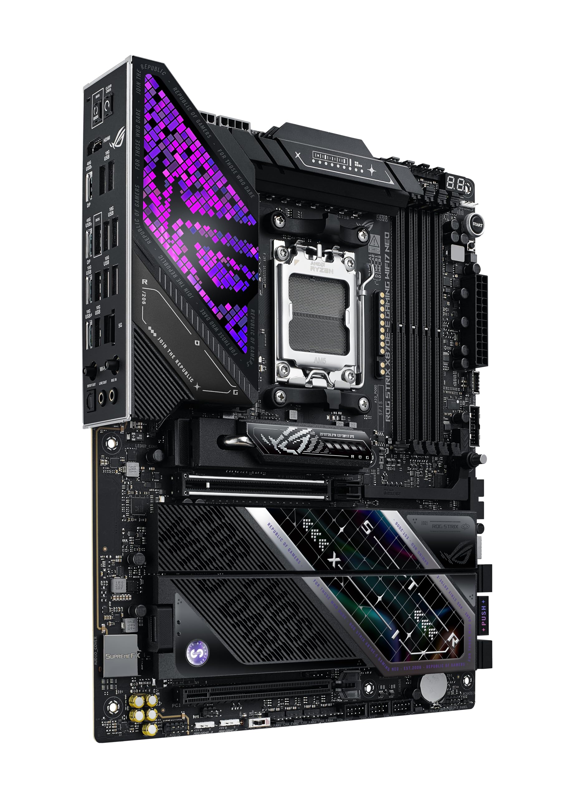 ASUS ROG Strix X870E-E Gaming WIFI7 NEO, placa base AMD ATX, 18+2+2 etapas de potencia, ranuras DDR5, cinco ranuras M.2, PCIe® 5.0 con soporte completo para GPU de próxima generación, Wi-Fi 7, USB 4