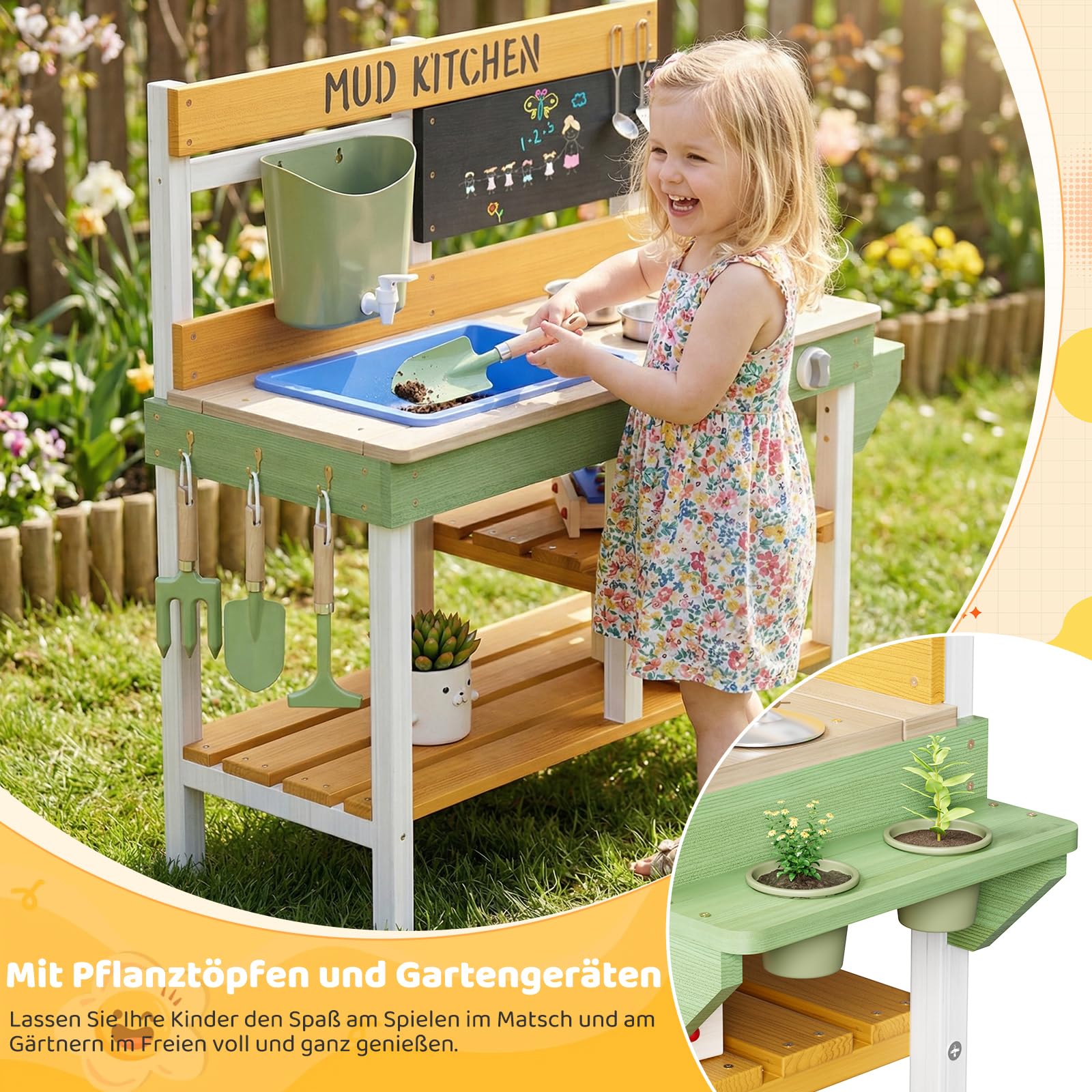 MAMIZO Cucina per Bambini da Esterno, Cucina da Giardino in Legno con Rubinetto Funzionante, 2PCS Vasi per Piante, Attrezzi da Giardino, Lavagna e Ripiani, 93x37x88 cm, per Bambini +3 Anni