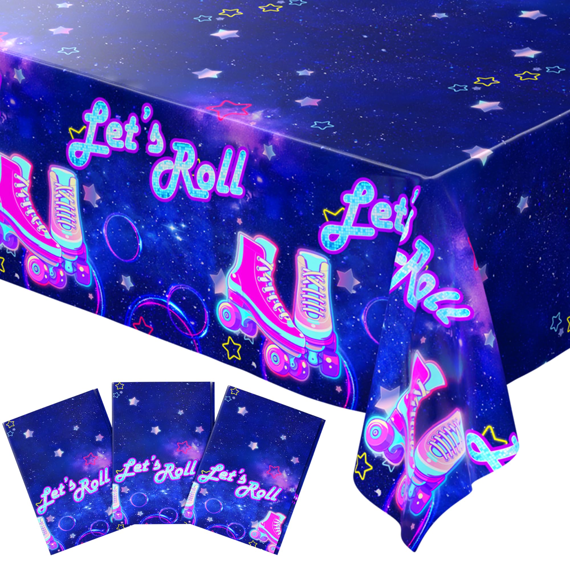 Blue Orchards Roller Skating Table Covers (Pack of 3) – 54"x108" XL - Durable Plastic Tablecloths, Roller Skate Birthday Decorations, Retro 80s 90s Neon Disco Party Supplies, Waterproof Tablecover