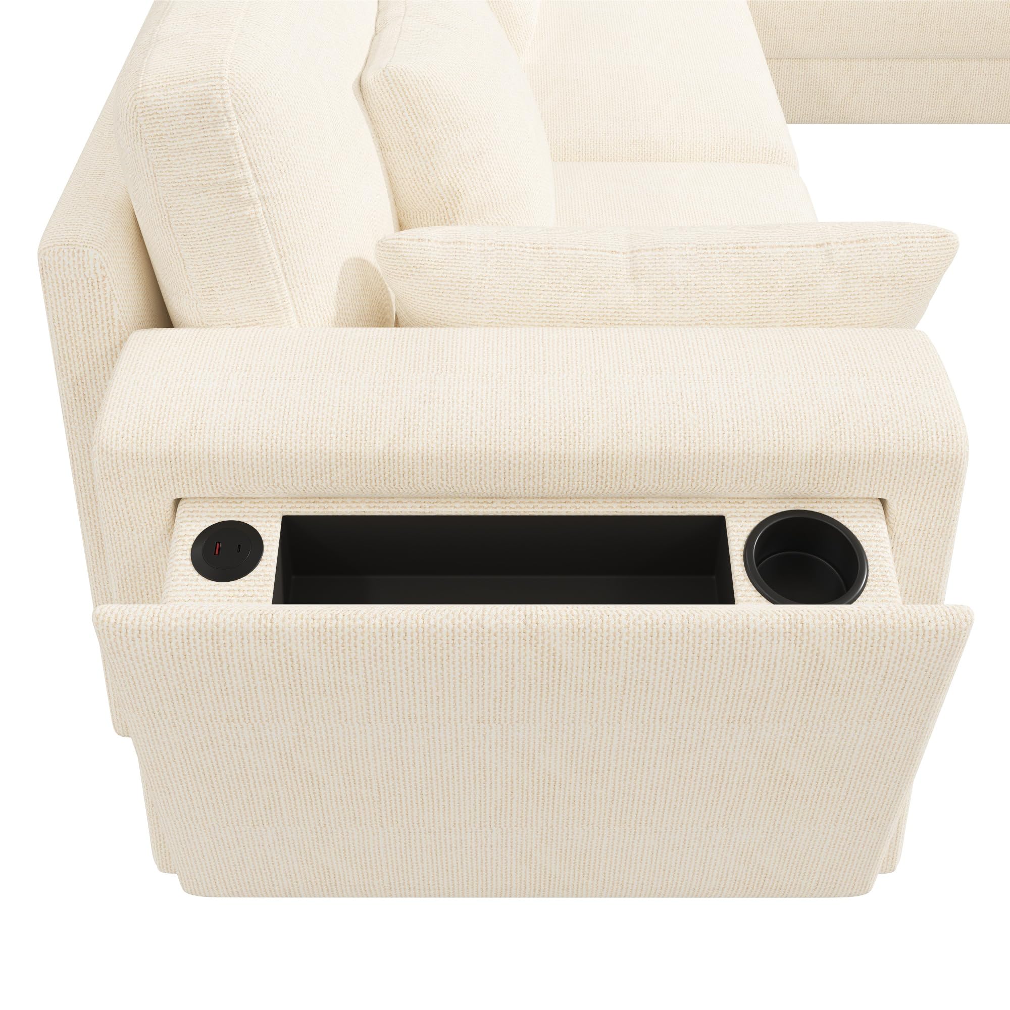 Sofá Modular en Esquina en Forma de L/U, 6 Plazas, Chenilla Gris, con Ottoman, Puertos USB y Tipo C, Portavasos, 215x215x82 cm (Beige + Chenille + 6 Seat)