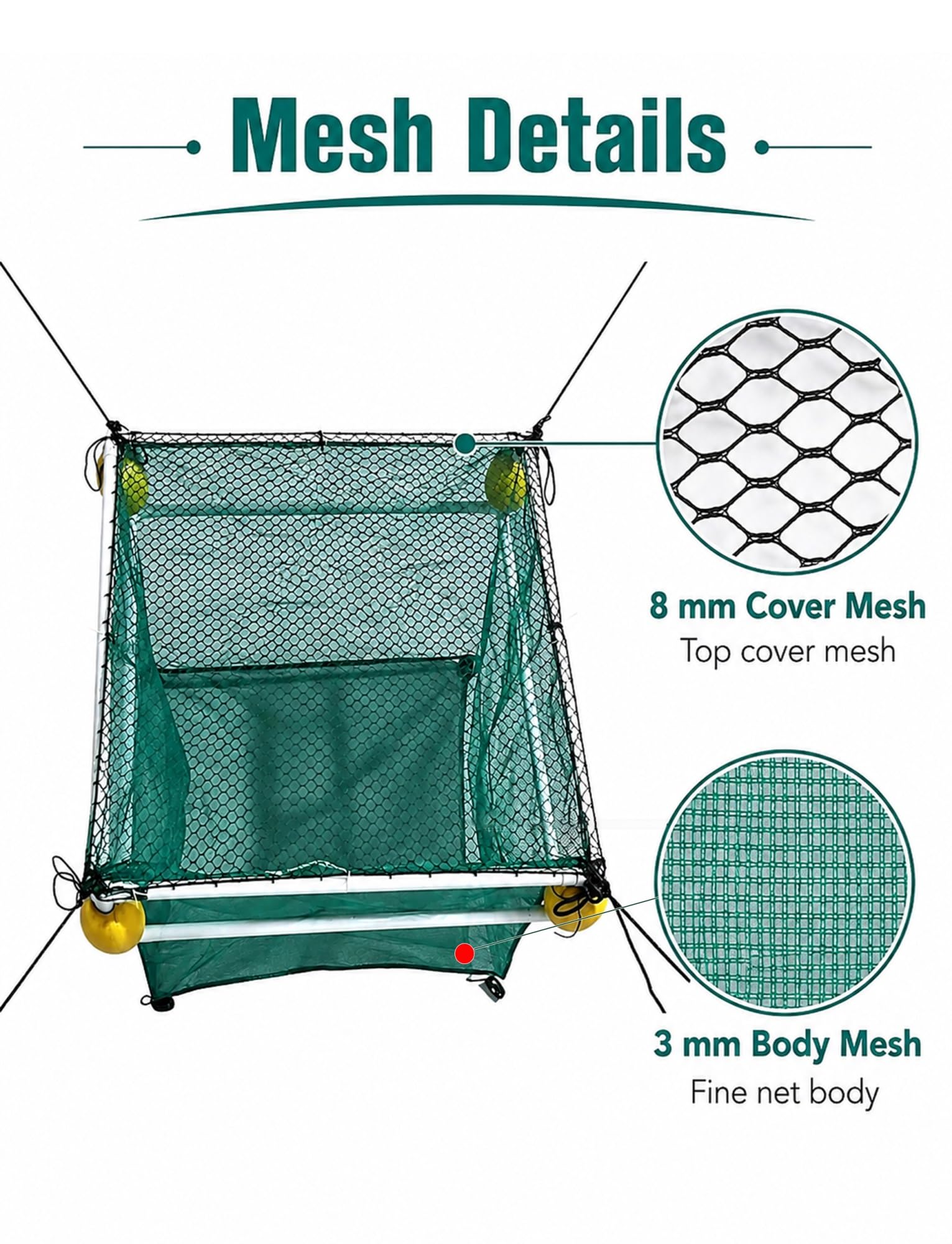 Jaula Flotante para Peces con Tapa, Marco PVC y flotadores de Esquina | Cesta flotante para peces de malla verde, piso simple o doble, para estanque, lago, muelle y acuicul