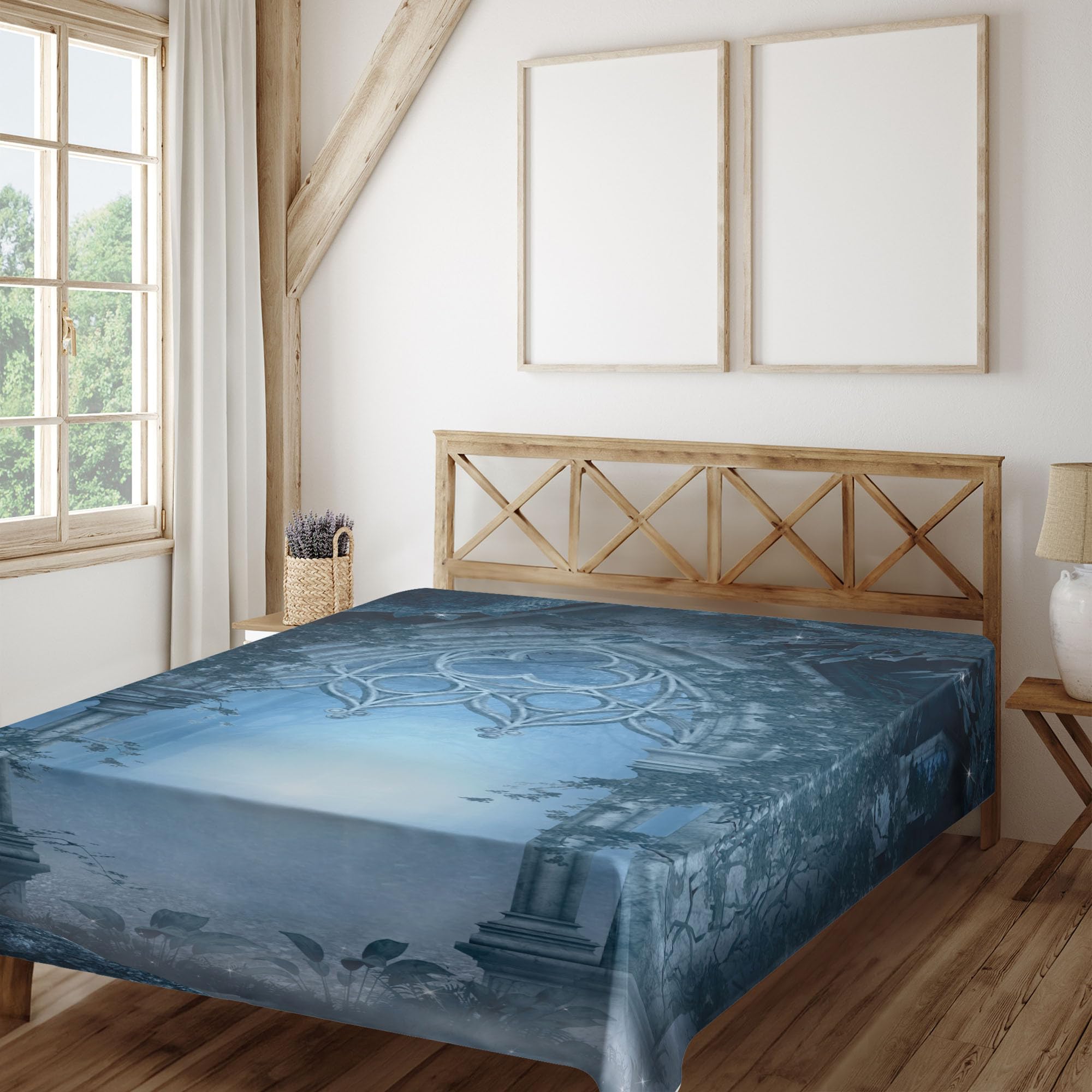 Ambesonne Fantasy Flat Sheet, Passage Doorway Through Enchanted Foggy Palace Garden at Night View, Soft Comfortable Top Sheet Decorative Bedding 1 Piece, Queen Size, Navy Blue and Grey