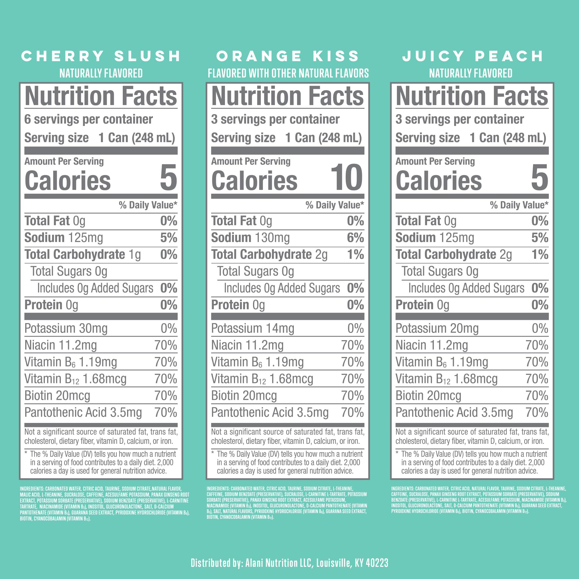 Alani Nu VARIETY PACK (CHERRY SLUSH, JUICY PEACH, ORANGE KISS), Low Calorie Energy Drinks, 100mg Caffeine, Biotin, B Vitamins, Zero Sugar, 10 Calories or Less, 8 Fl Oz Cans, 12 Pack