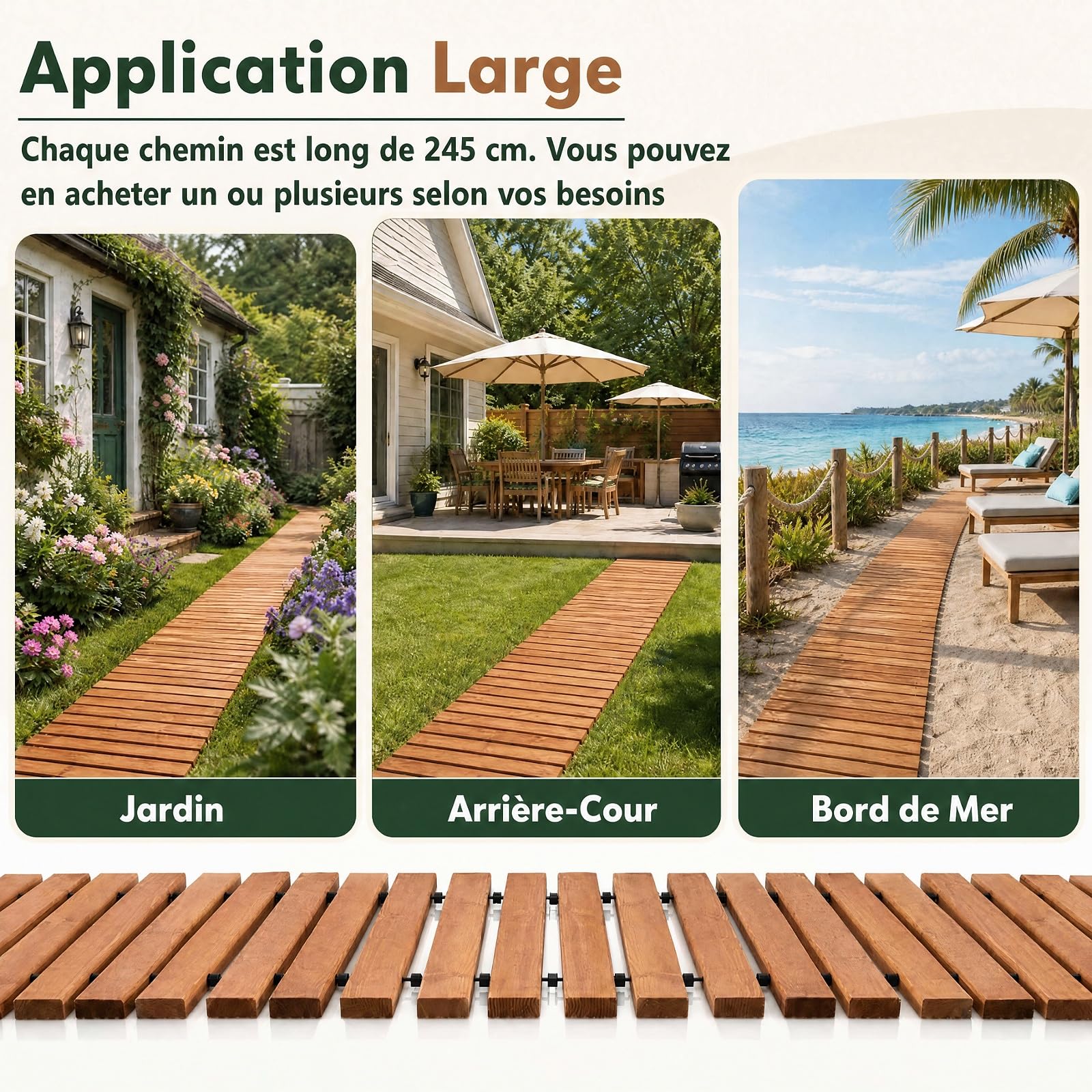 GYMAX Chemin de Jardin en Bois de Sapin Enroulable, 245 x 55 cm | Allée de Jardin avec Surface Antidérapante, Design Portable Compact, Décorative pour Plage Terrasse Pelouse et Cour