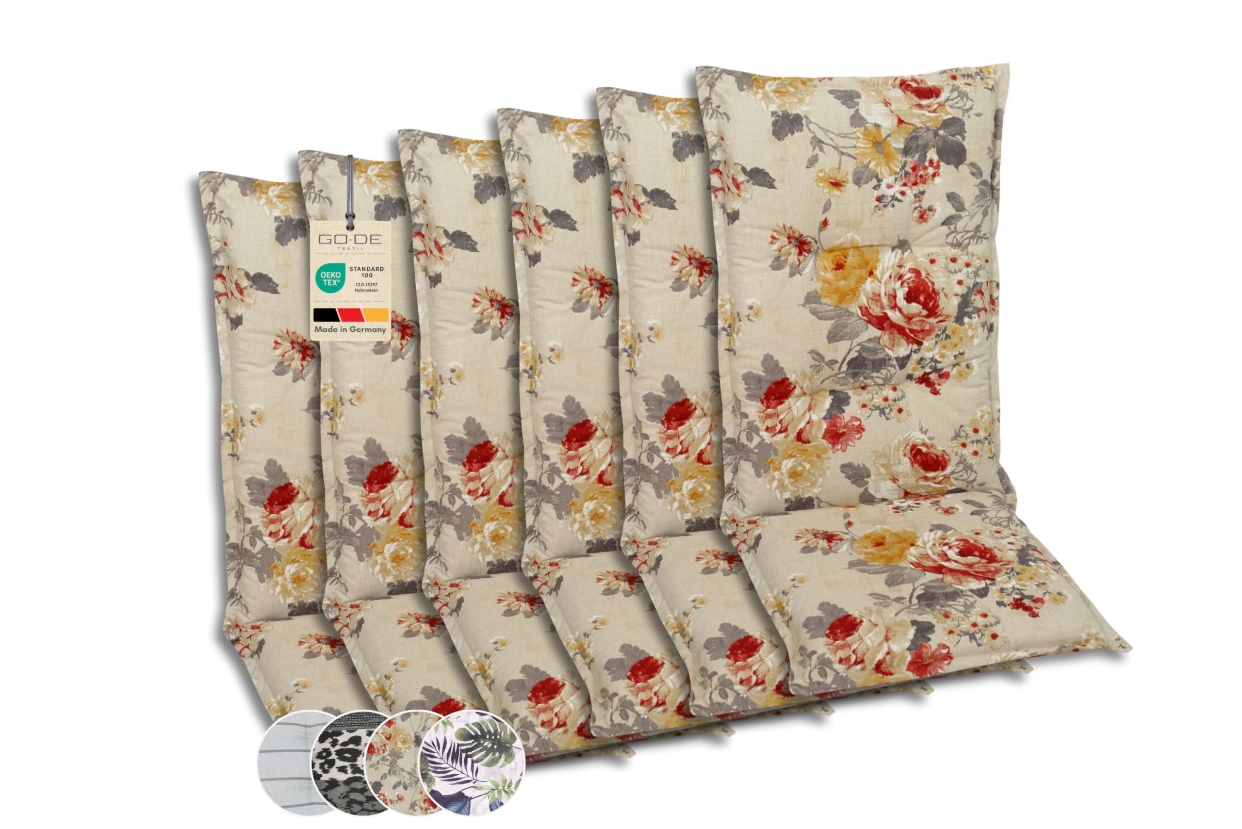 Bequeme und attraktive Polsterauflagen für Hochlehner-Gartenstühle (6er-Set, Blumen bunt beige, Hochlehner)