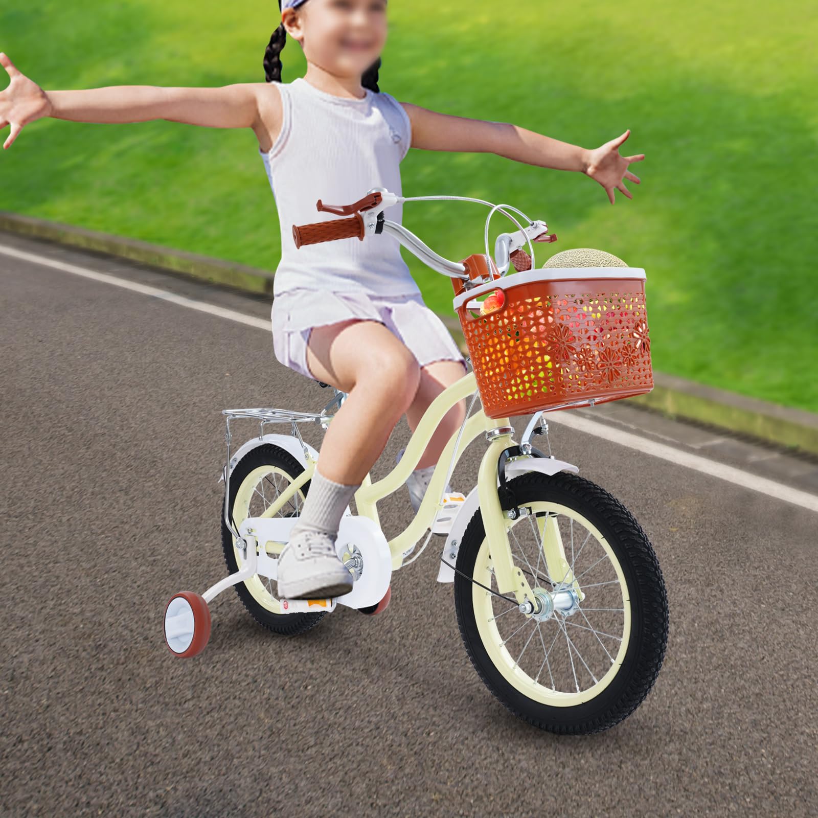 Bicicletta per bambini 14 Pollici, Ragazzi, Bici Con Ruote Di Supporto E Cestino, Regolazione Di Altezza, Alto Carbonio Acciaio Bici Bambini Da 3 4 5 6 Anni Di Colore Beige