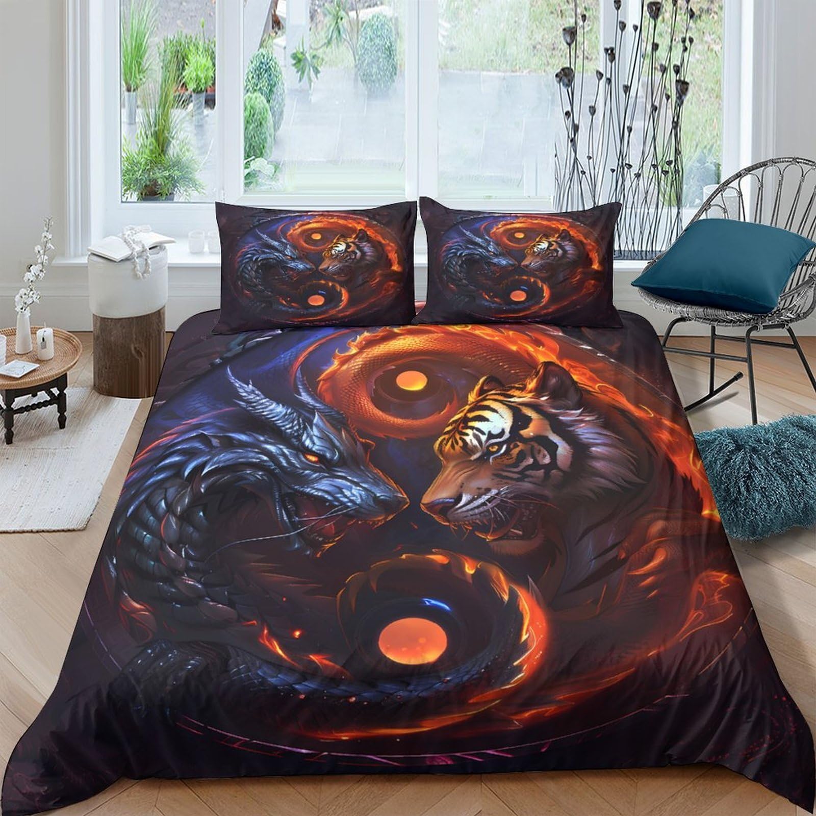 Ctjqhvkz Style-4 3D Printed Yin Yang Wolf Tiger Fitted Sheet Microfiber Orange Black Bed Cover For Bedroom Dorm Decoration Single（135X200cm）
