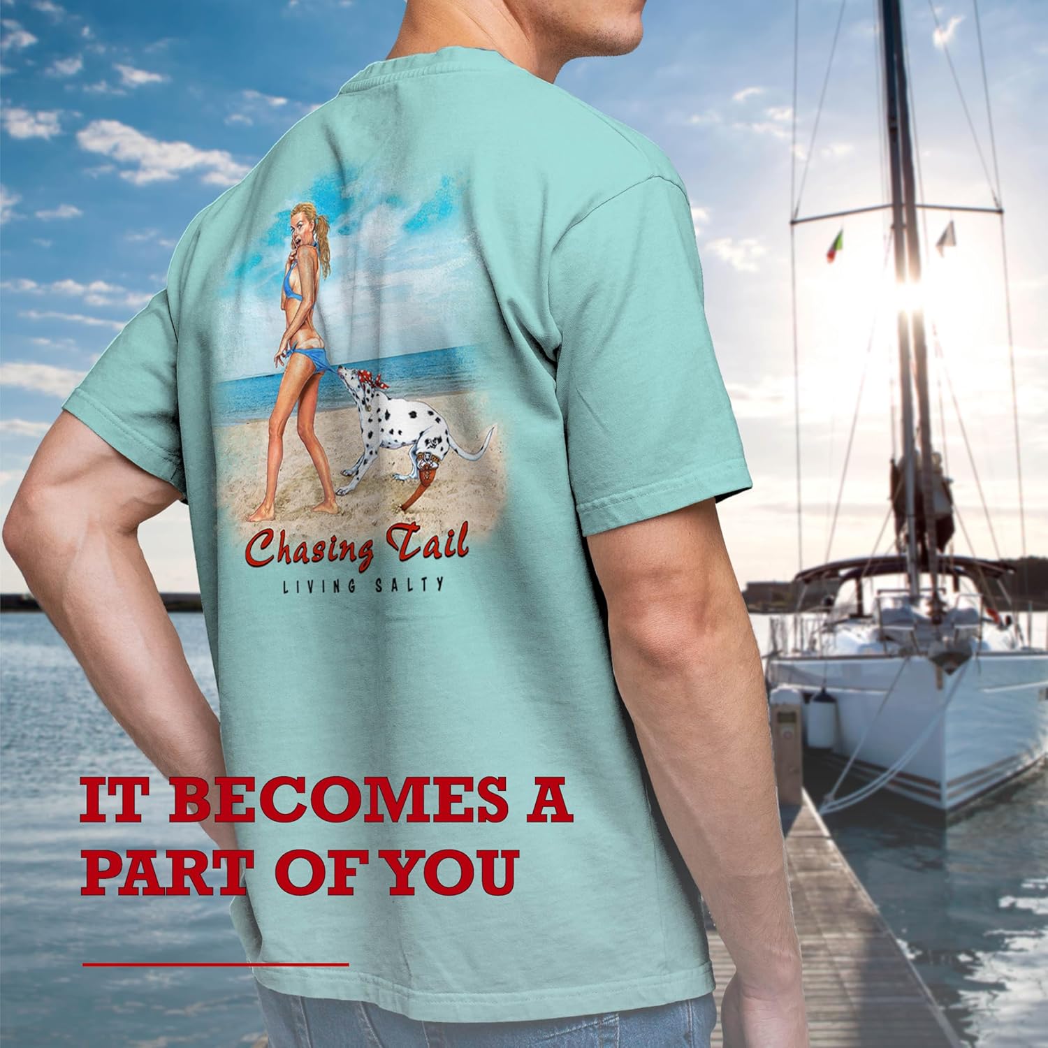 SEA DOG Vintage Graphic T-Shirt Garment Dyed 100% Ringspun Cotton, Relaxed Fit, Printed in USA, Bikini Girl Chasing Tail - Image 2