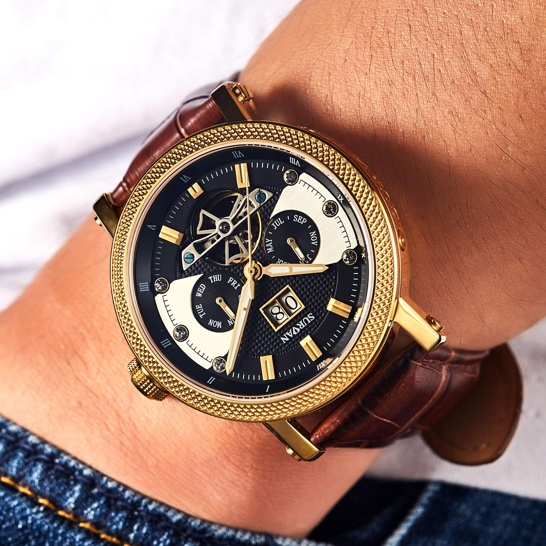 SURVAN Armbanduhr Herren,Schweizer Automatikwerk Armbanduhr,für Männer Dreifach Kalenderanzeige Datum Tag Monat,männer uhren Mechanische,Echtes Leder Armband,Wasserdicht,Geschenk watch for men,Gold