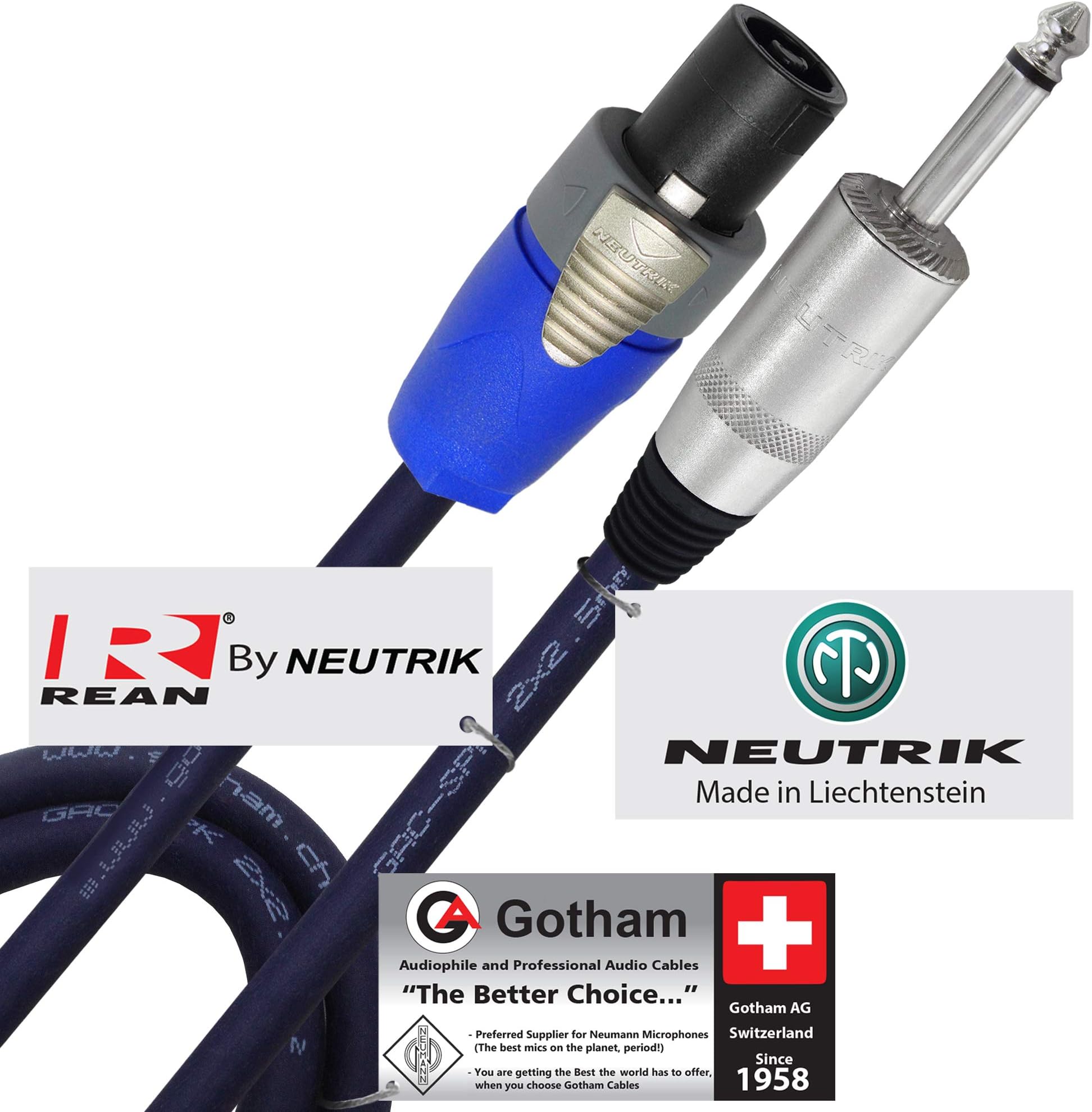 3 Foot - Gotham GAC-SPK 2 x 2.5mm² (Blue), 13 AWG (2.5 mm²) Coaxial Speaker Cable w/ Neutrik-Rean NYS225 ¼ inch Large-Shell TS Plug & Neutrik NL2FX SPEAKON Plug - CUSTOM MADE By WORLDS BEST CABLES
