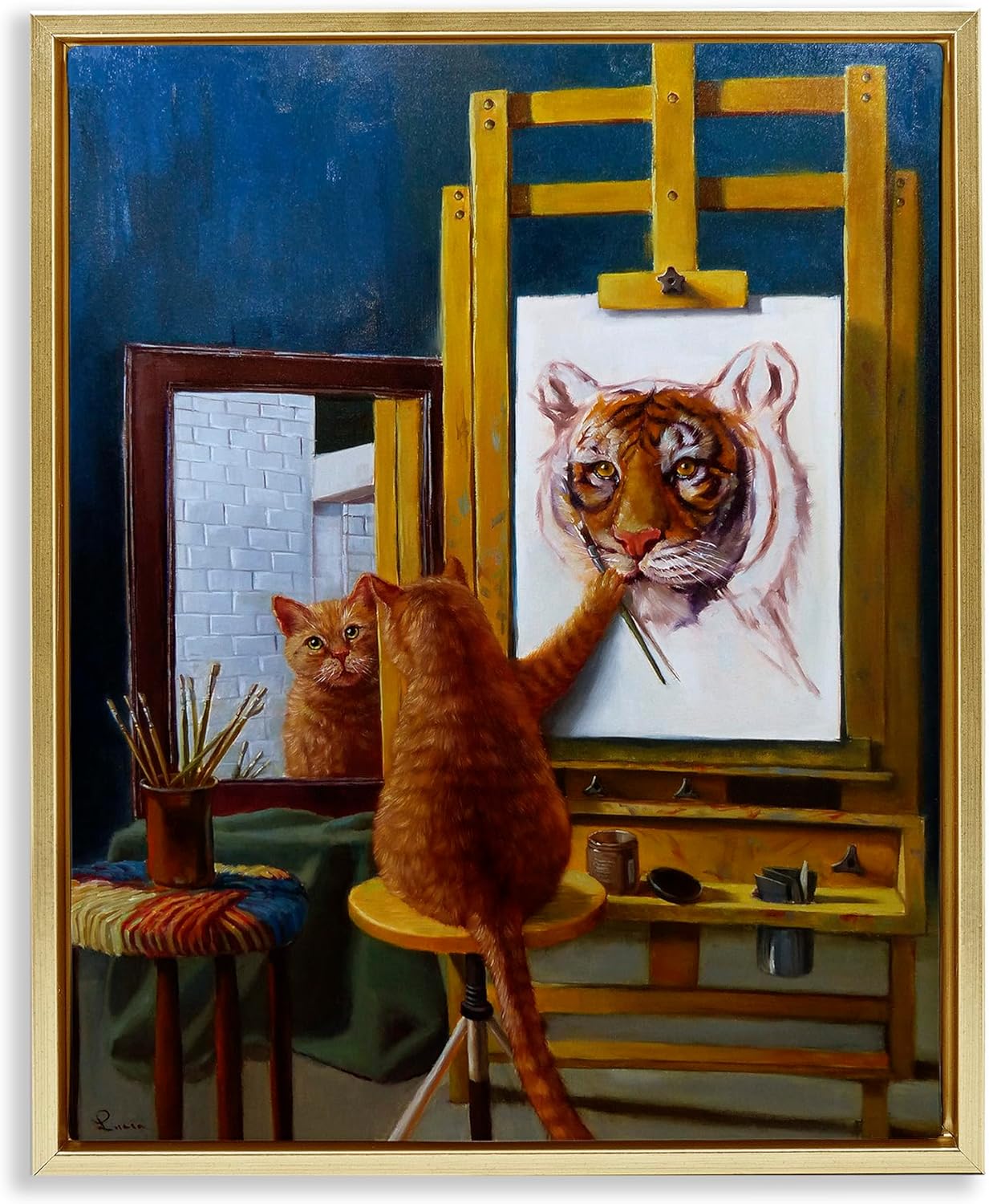 Stupell Industries Cat Confidence Self Portrait as a Tiger Funny Painting, Design by Lucia Heffernan, Gold Floater Framed, 16 x 20