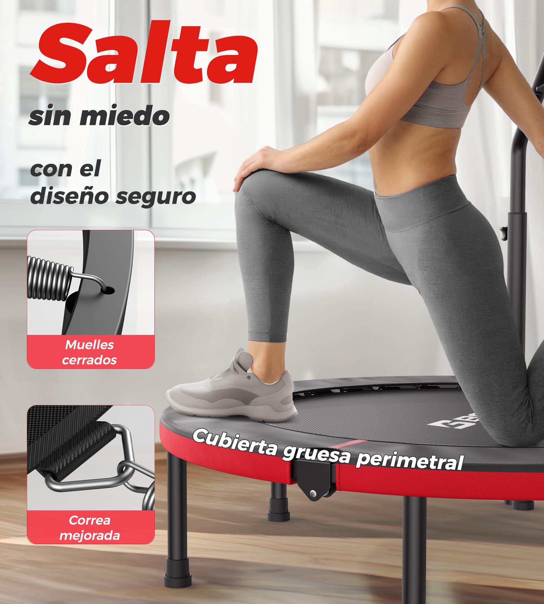 Trampolín de Interior BCAN, Mini trampolín de Fitness Plegable de 102 cm, para Adultos con asa Ajustable, Carga máxima de 150 kg, Ideal para Entrenamiento en casa y Ejercicio.
