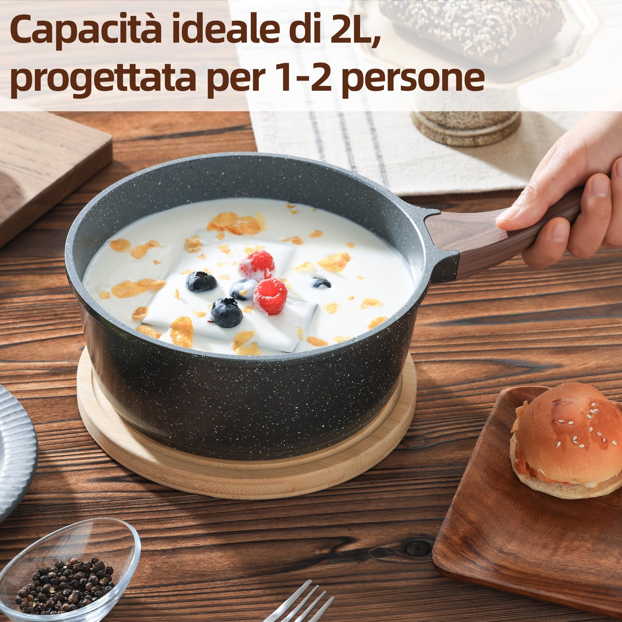 SENSARTE Casseruola Fonda Antiaderente 18 cm in Alluminio per Tutti i Fuochi (Pentola Induzione) con Manico Ergonomico Resistente al Calore e Coperchio
