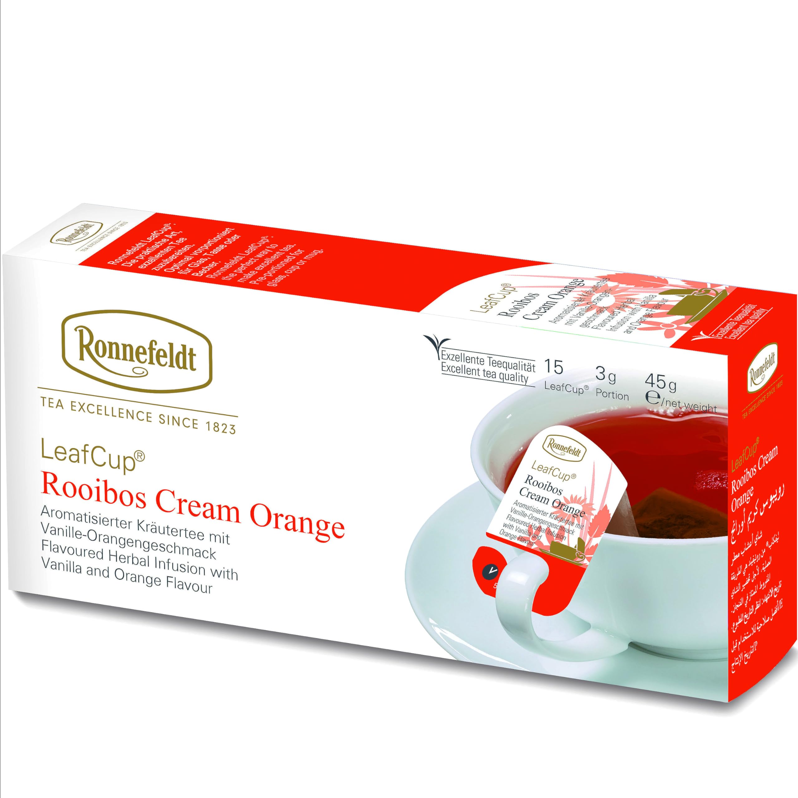 Ronnefeldt LeafCup Rooibos Cream Orange Chai – Naturally Caffeine-Free Red Herbal Tea with Sweet Orange Peel & Vanilla – 15 Individually Wrapped Loose Leaf Tea Bags – Packed in Germany