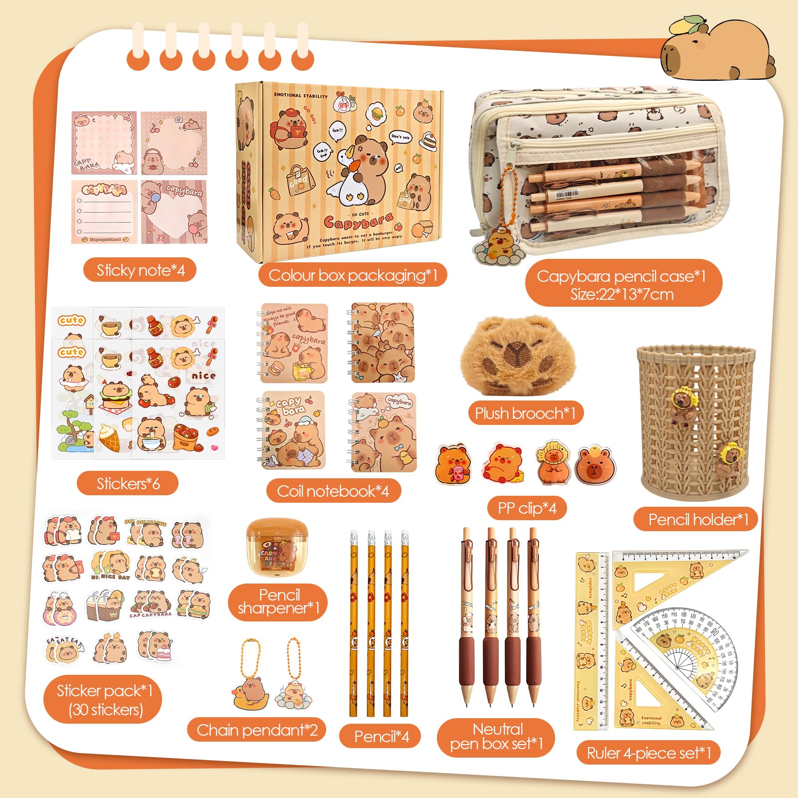 Ronronner 72 Pièces Trousse Capybara avec Fourniture, Capybara Papeterie avec Inclut Stylos, Clips, Règles - Organisé pour École, Bureau, Étudiants, Enfants