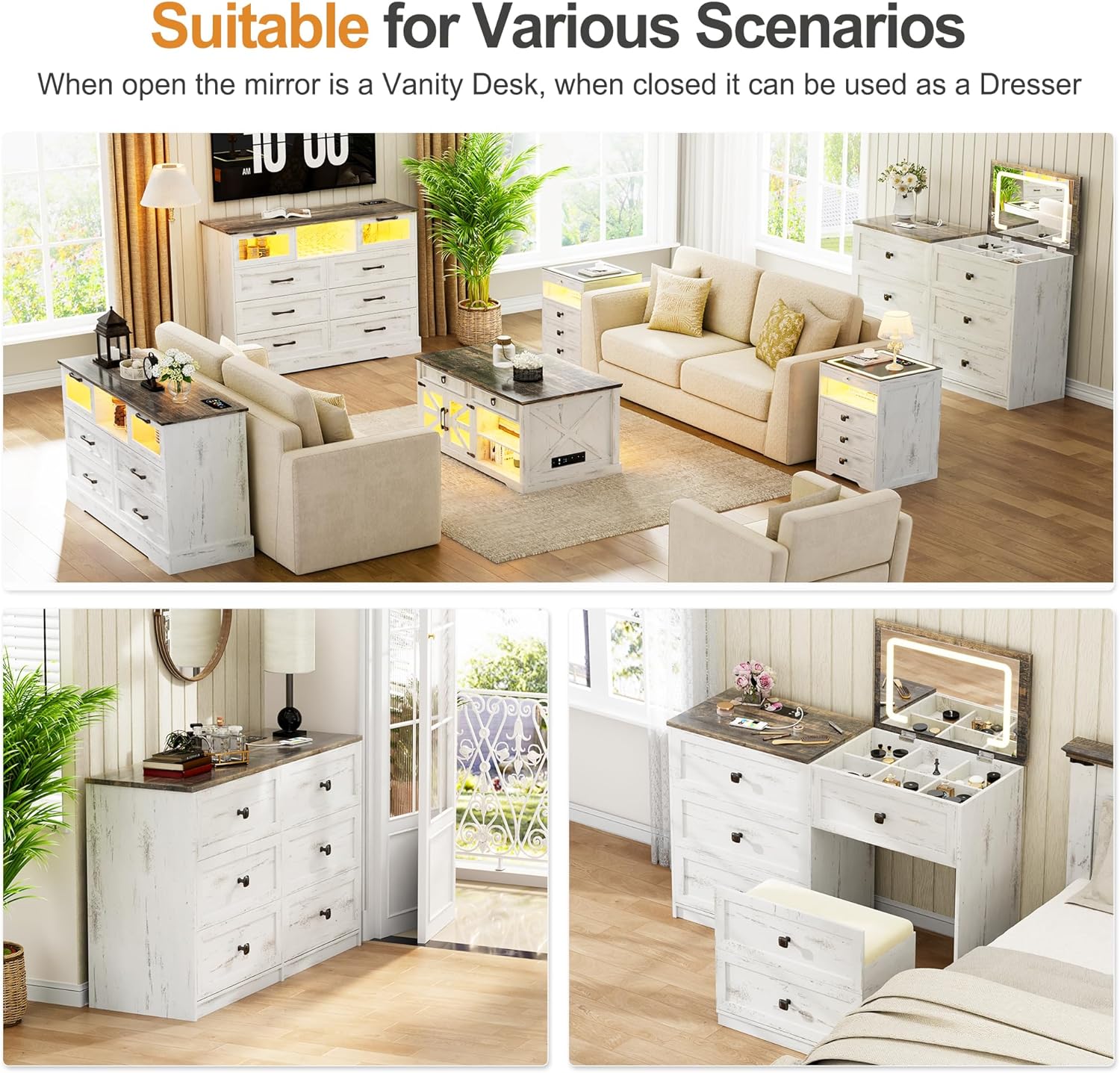 Gurexl 3-in-1 Vanity Desk with Flip Top Mirror and Lights, Makeup Dressing Table with Gun Drawer and Charging Station, Bedroom Vanities with Chair and Hidden Storage (Antique White)