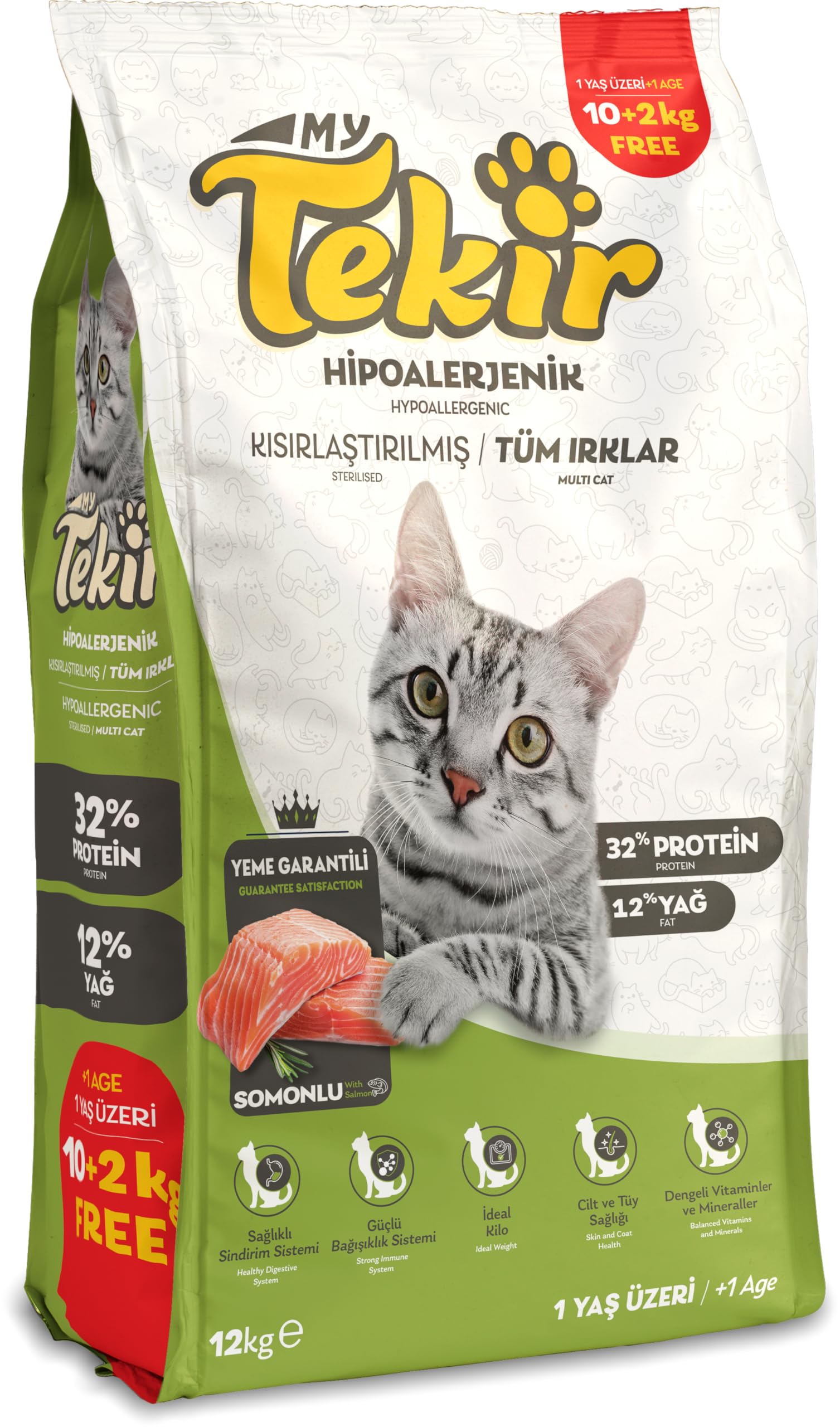 Tekir Yetişkin Kedi Maması Steril Kısır Somon 10+2KG