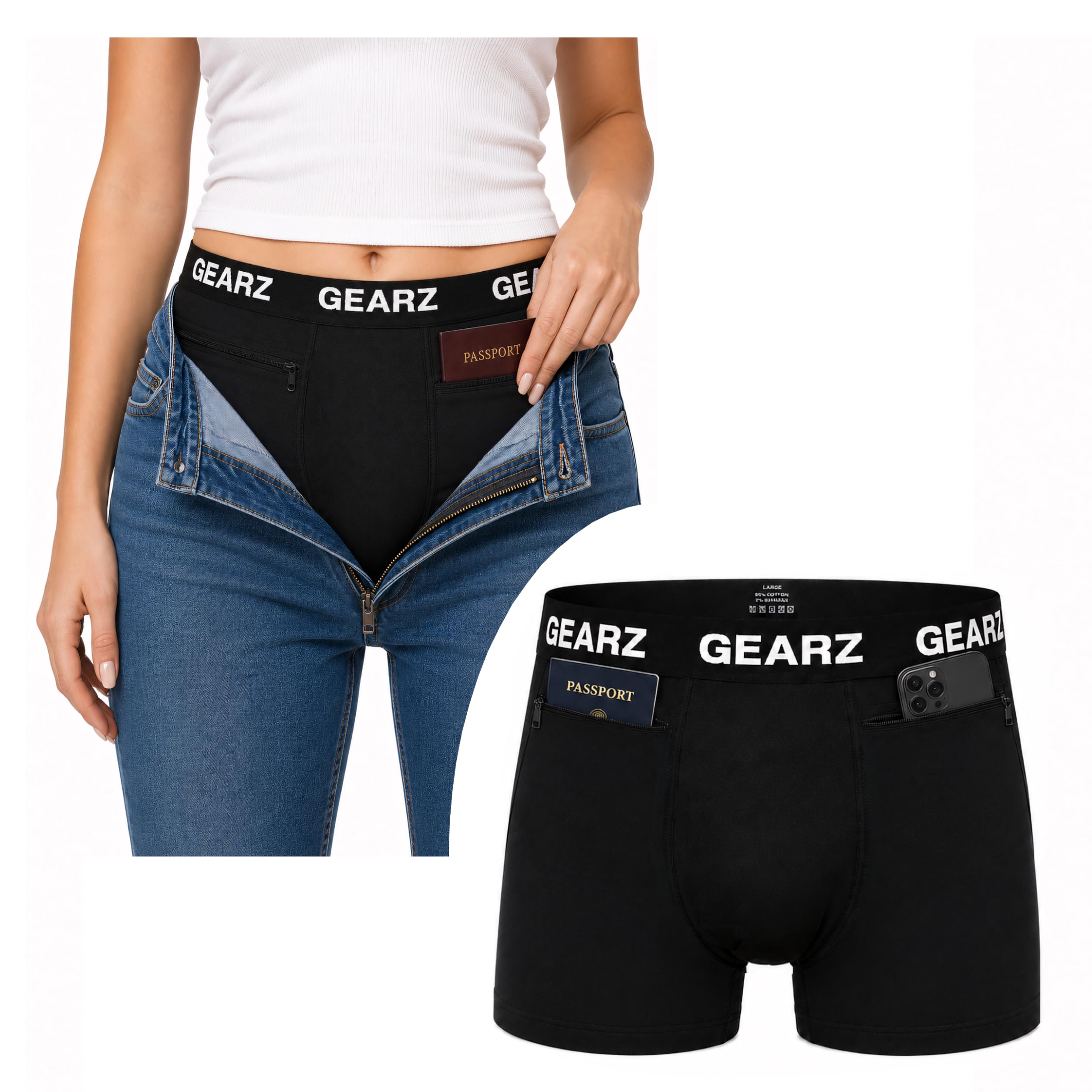 GEARZ - Boxer Voyage Femme Anti Pickpocket - Culotte antivol avec 2 Poches secrètes - Shorty en Coton Extensible Noir