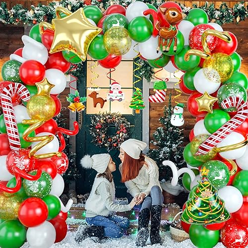 Miniatura 5 de Kit de arco de guirnalda de globos de Navidad, globos de látex rojos, verdes y blancos, globos de látex dorados, confeti de Papá Noel, estrella