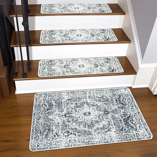 Miniatura 71 de OJIA Alfombra antideslizante a juego para peldaños de madera, parte trasera de goma cuadrada antideslizante, alfombra de aterrizaje para escaleras