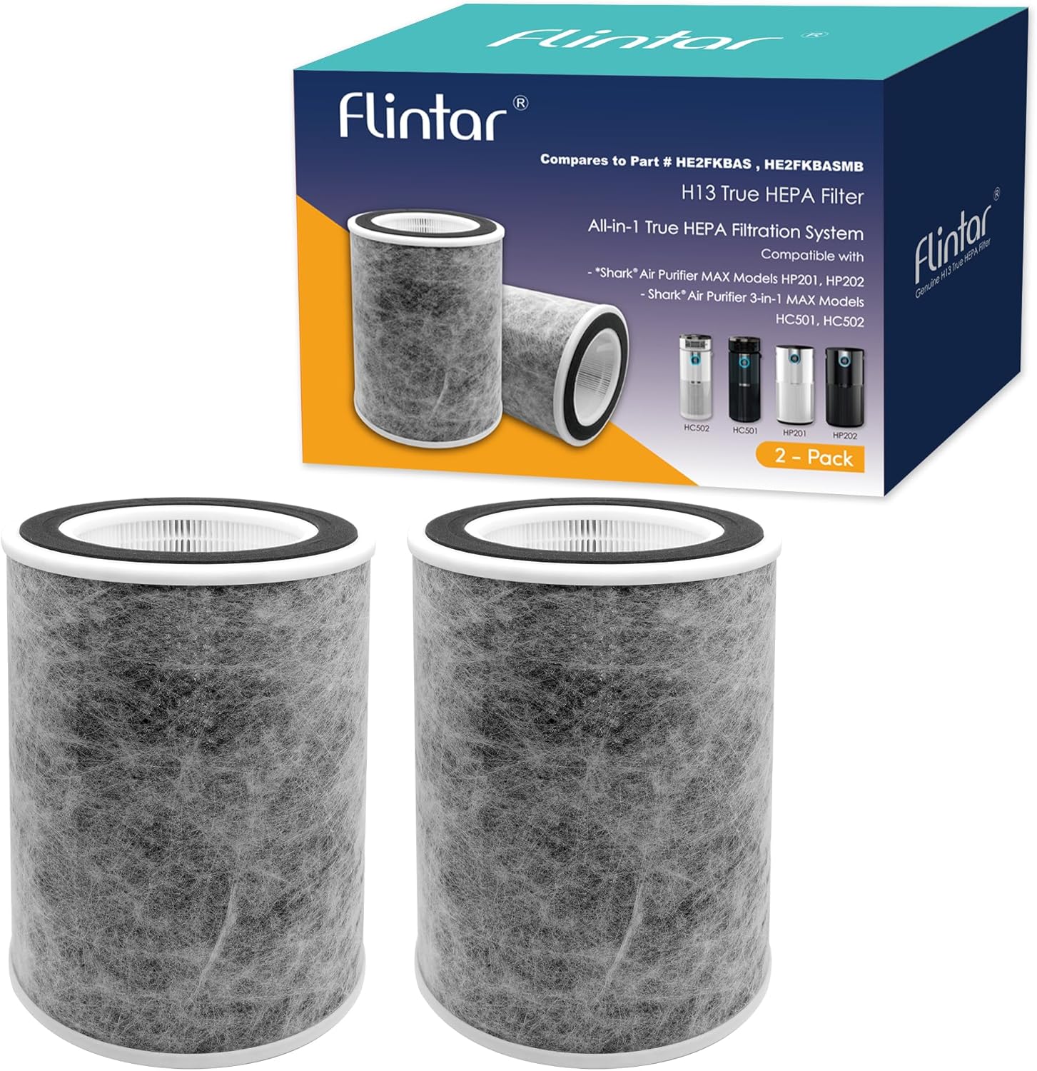 Flintar HP202 Replacement Filter, Compatible with Shark Air Purifier Max Model HP201, HP202, UA205, AP1000, HC501, HC502, Compares to Part # HE2FKBAS and HE2FKBASMB, 2-Pack