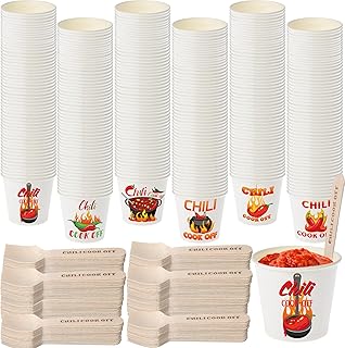600 Pcs 5 oz Chili Cook Off Cups 300 Pcs Disposable Paper Chili Tasting Cups Food Sample Cups 300 Pcs Wooden Spoons for Chili Cook off Decorations Mexican Party Supplies