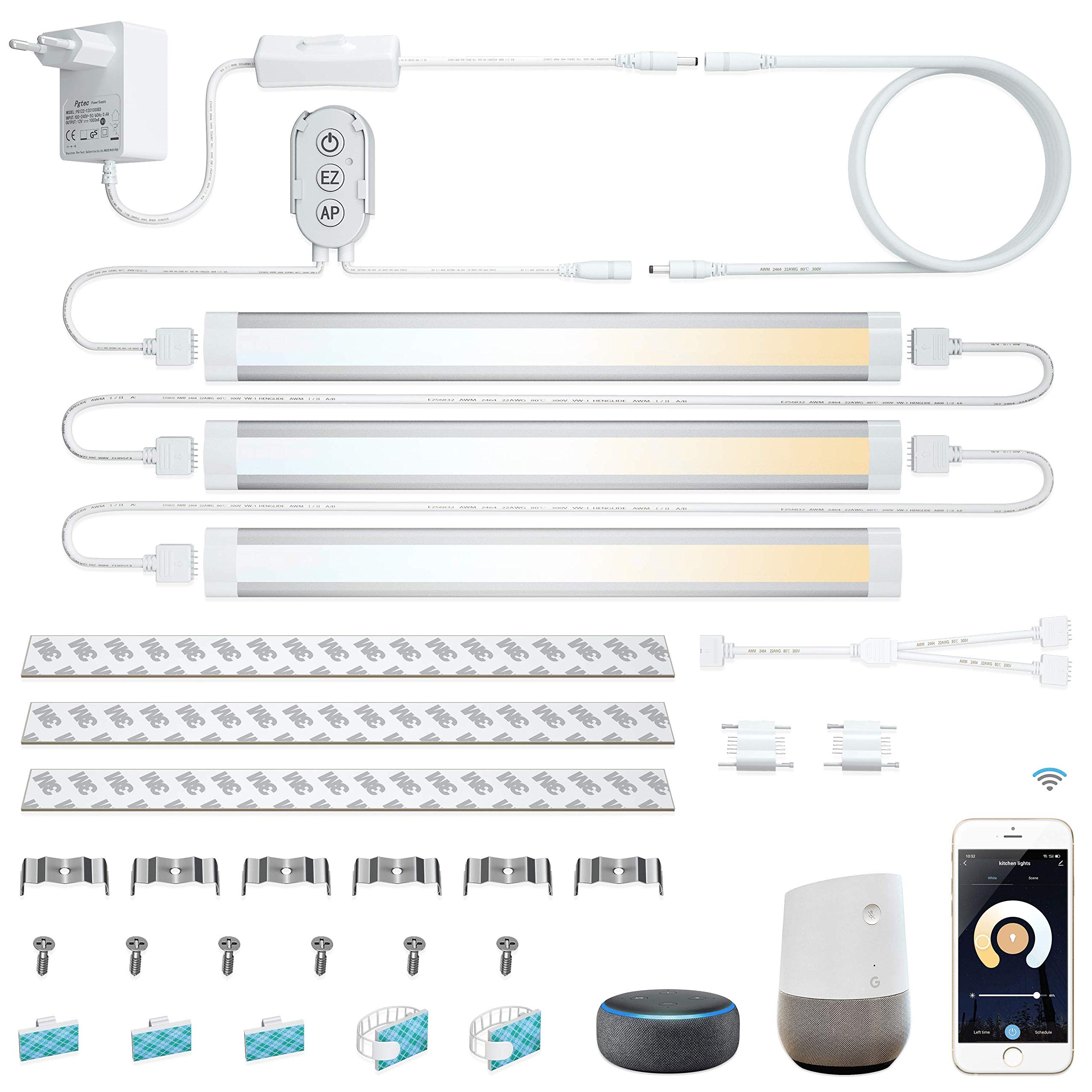 LAMPAOUS lampa podszafkowa LED Smart ściemniana 4 W x 3 12 W 2700 K do 6500 K lampka nocna oświetlenie kuchenne, listwa oświetleniowa kompatybilna z Echo Alexa Siri Echo Google Home i IFTTT (nie jest wymagany koncentrator)