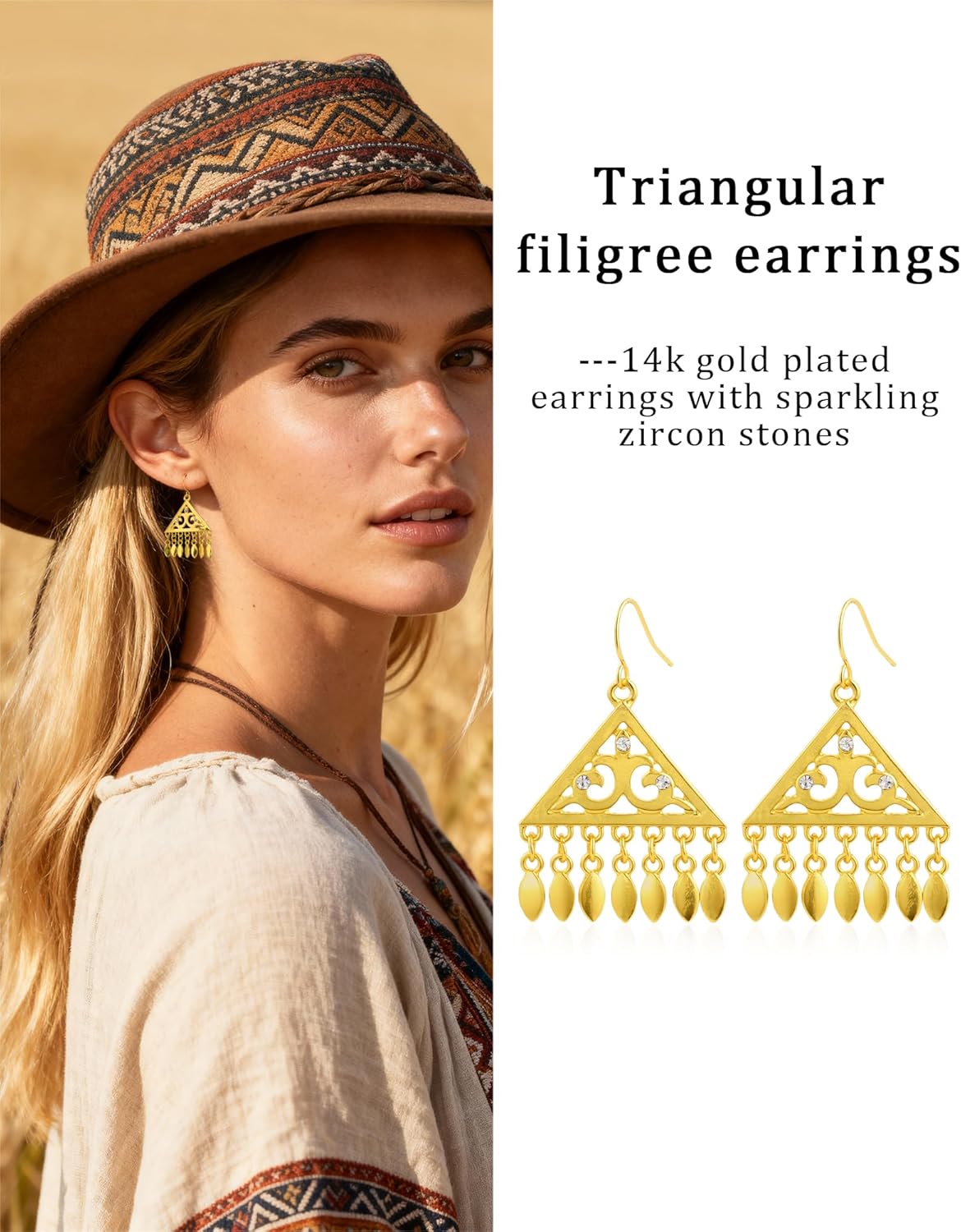 14K Gold Plated Triangle Filigree Tassel Bohemian Geometric Dangle and Drop Vintage CZ Earrings for Women with Cubic Zirconia Stone and Fringe Earrings - Image 2