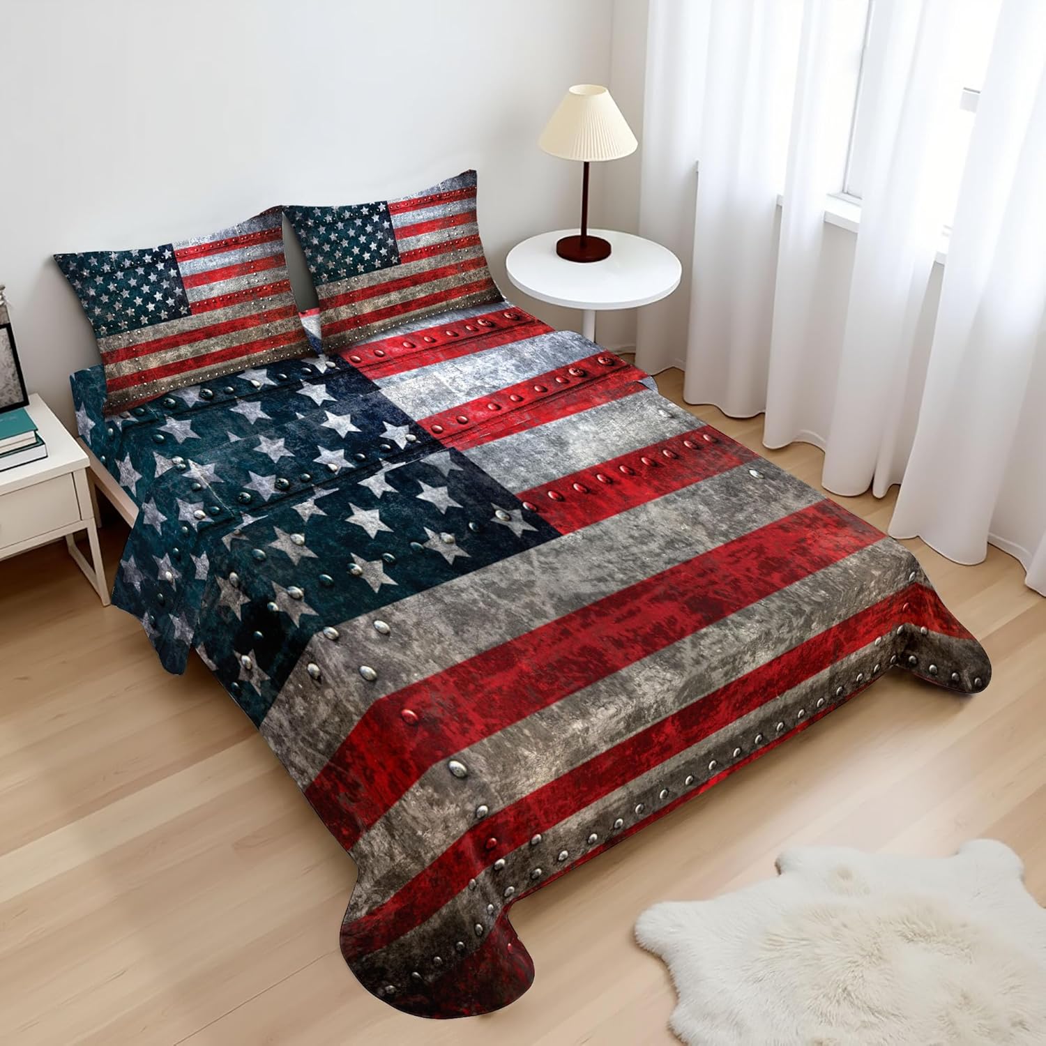 Ambesonne American Flag Sheet Set, Royalty Flag Textured US Backdrop on Damaged Board Plate Design Art Print, Fitted and Flat Sheet with Pillowcases Bedding Accent 4 Piece Set, Queen, Red Grey