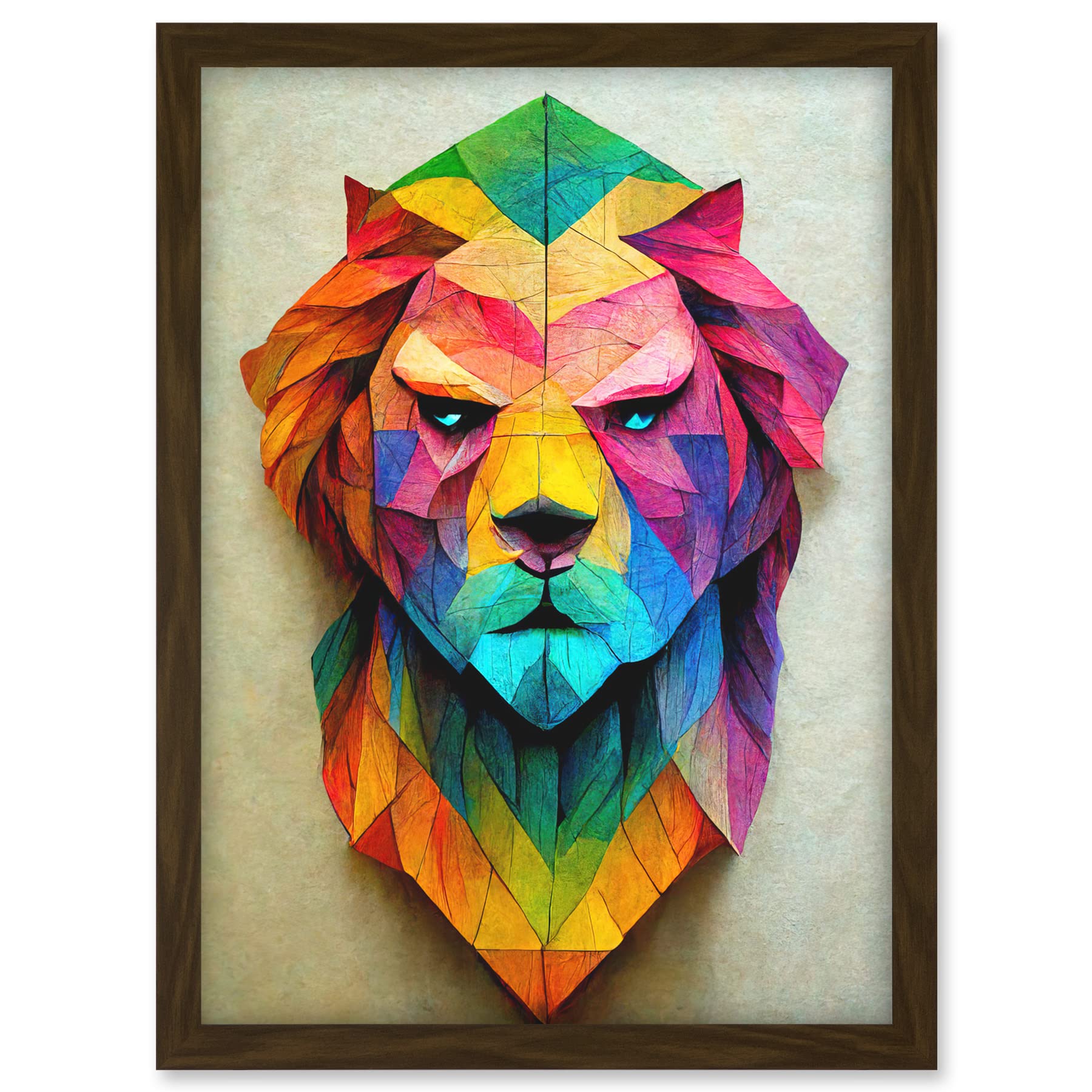 Doppelganger33 LTD Vibrant Geometric Lion Head Decoupage Artwork Framed A3 Wall Art Print