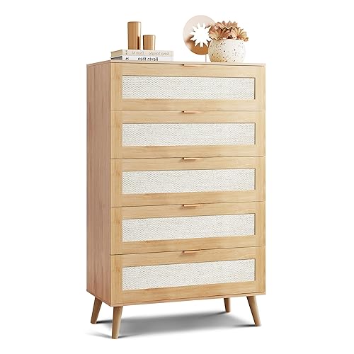 WLIVE Rattan Dresser for Bedroom, 50" Tall 5 Drawer Wooden