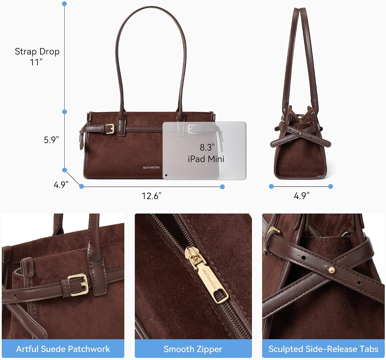 BOSTANTEN East West Shoulder Bag for Women Suede Designer Purse