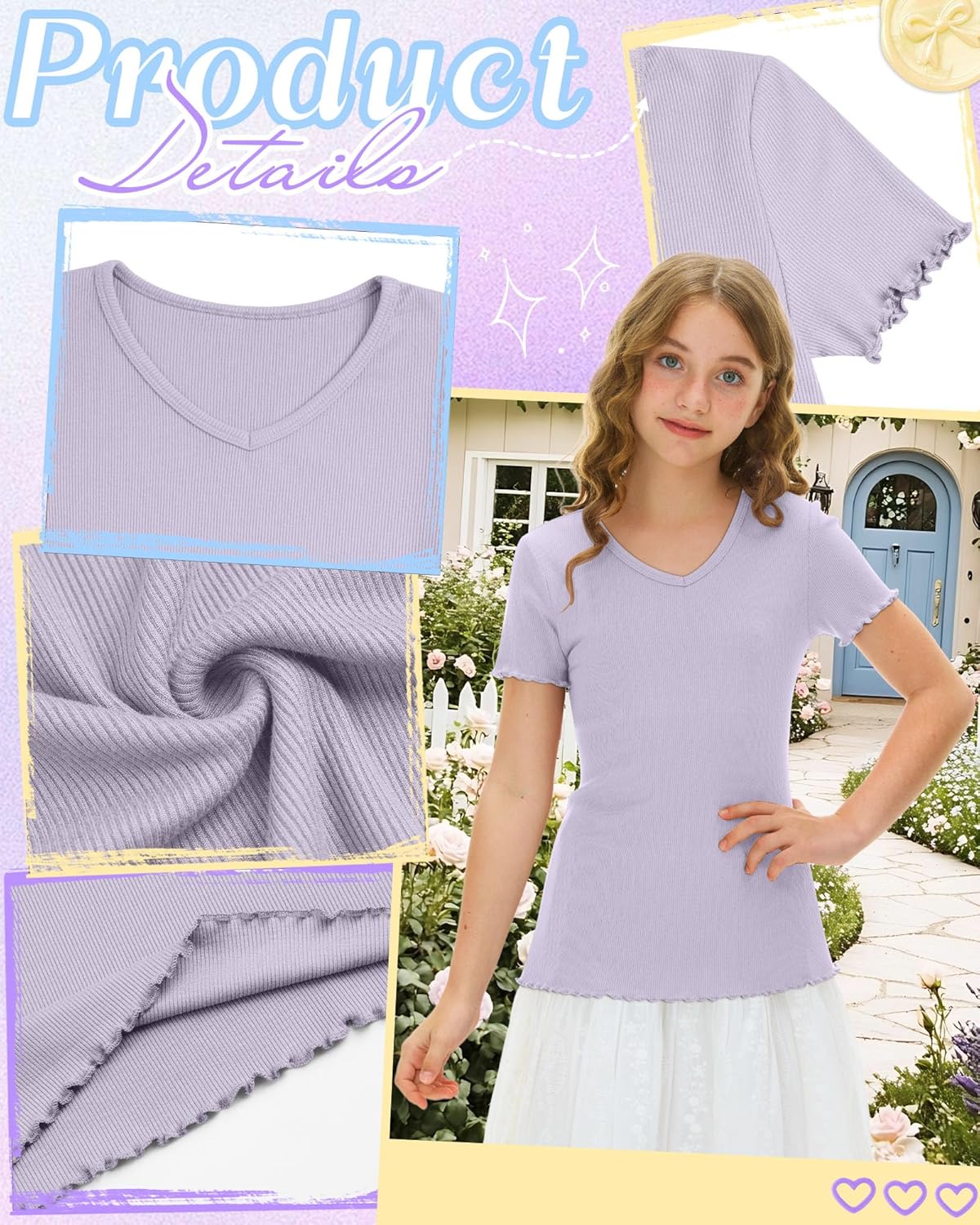 3 Pack Girl T-Shirts Short Sleeve V Neck Lettuce Trim Fitted Ribbed Kids Tops Teen Cute Tees Summer Fashion Cream, Light Green, Light Purple 7-8 Years image 4 of 4 B0G6FFR3F1