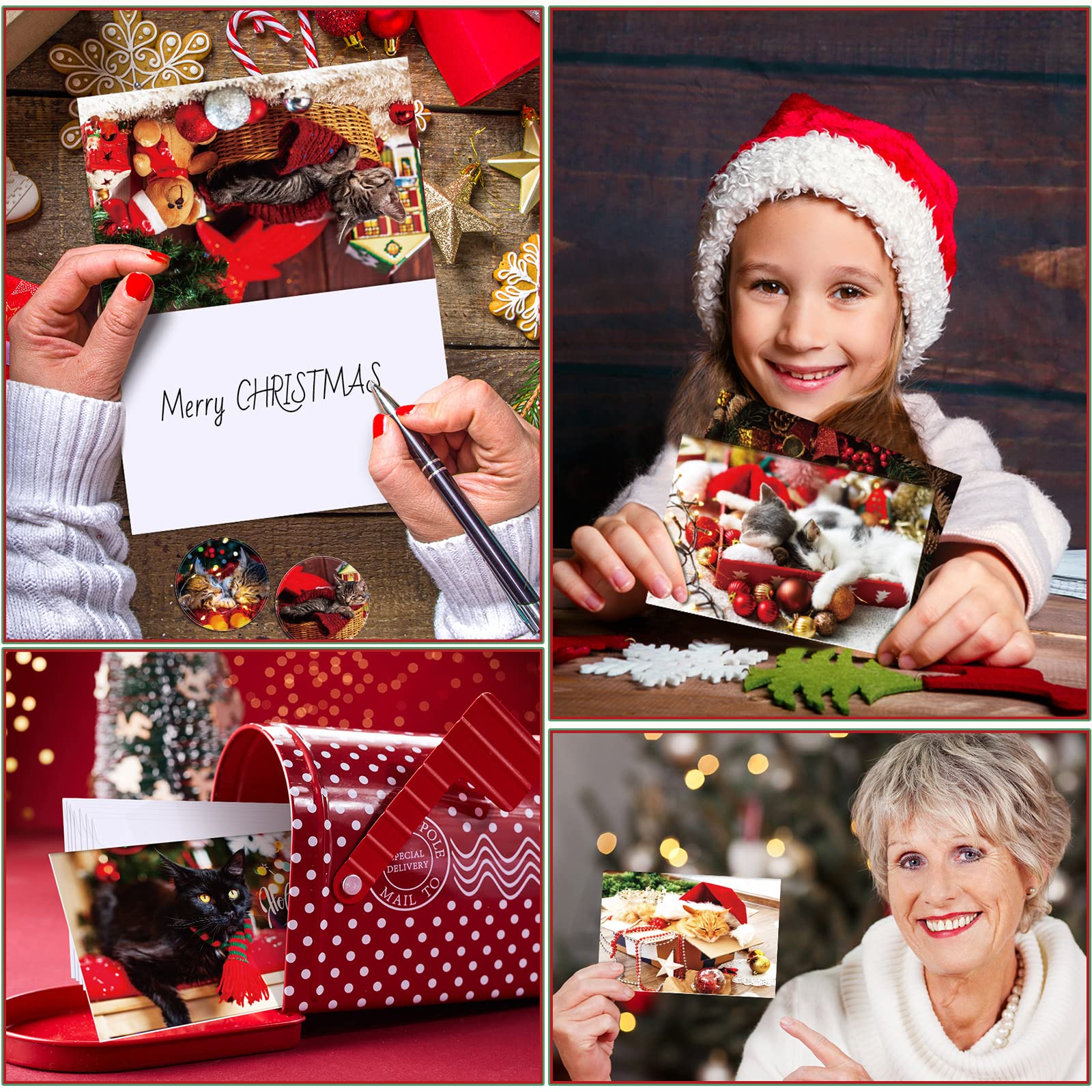 Lot de 120 cartes de vœux de Noël avec enveloppes autocollantes - 15,2 x 10,2 cm - 6 motifs - Cartes de vœux amusantes - Motif chat et chapeau de Père Noël